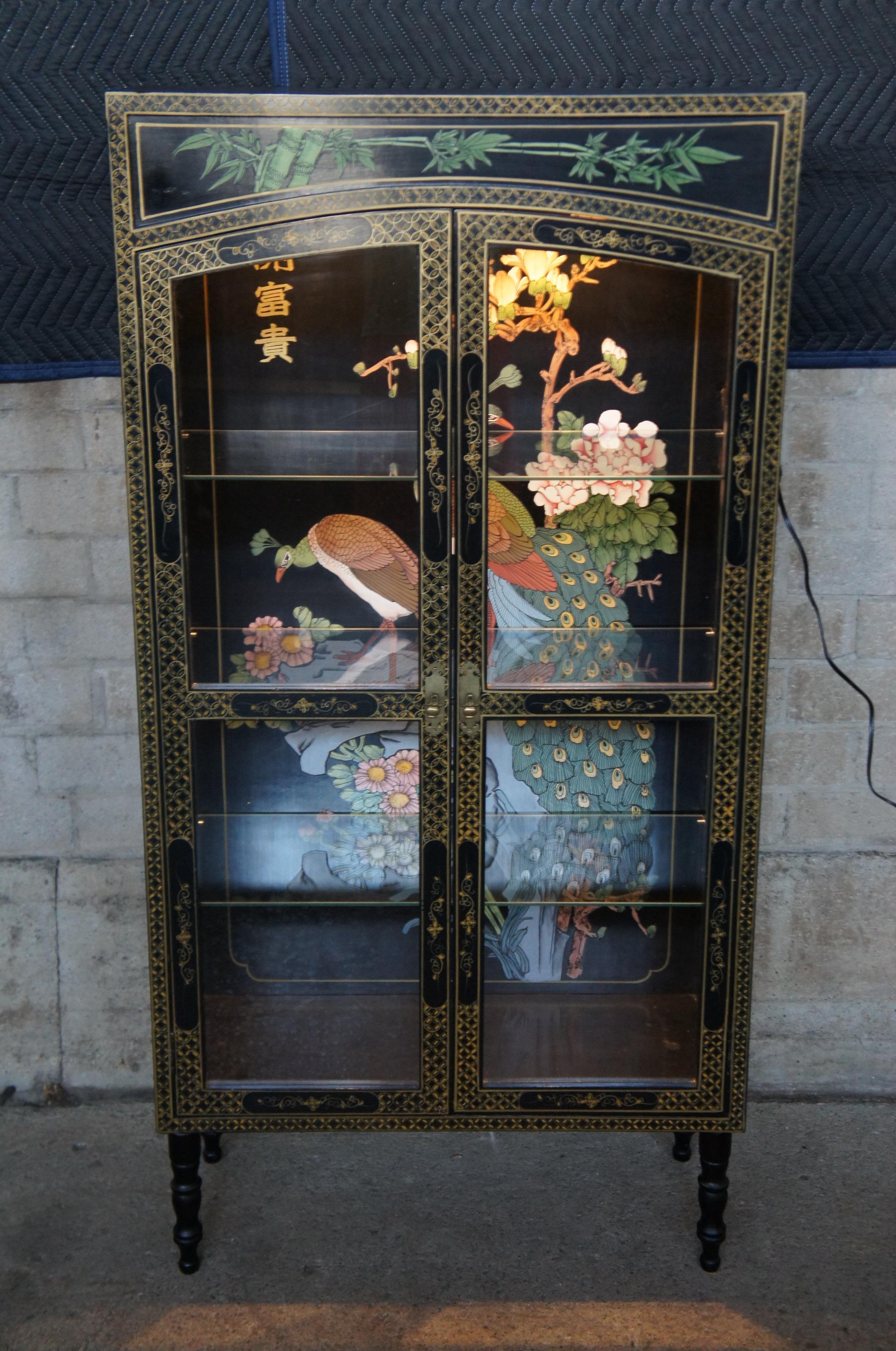 Mid Century Oriental Chinoiserie Black Lacquor Peacock Curio Display Cabinet 3