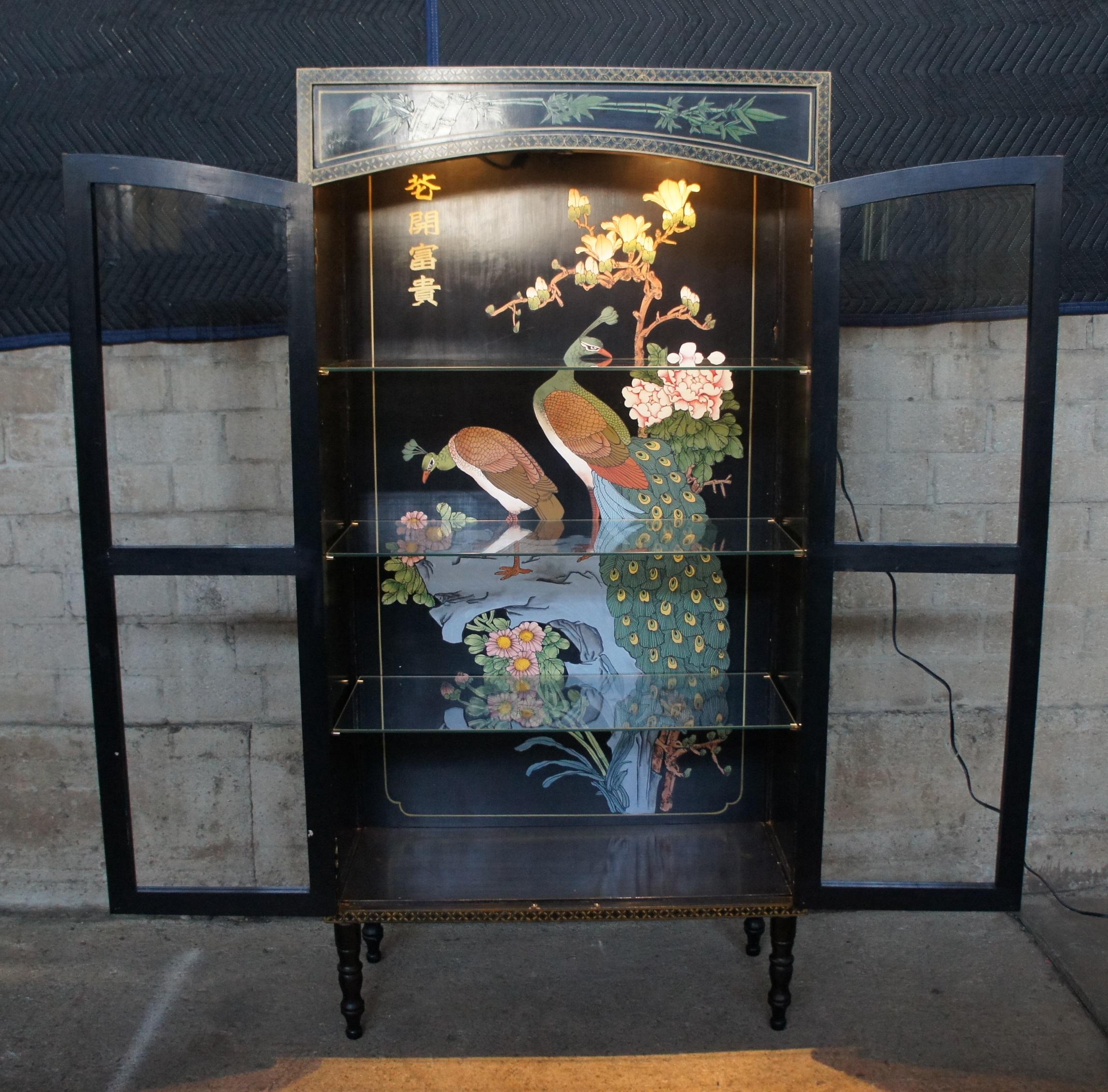 Mid Century Oriental Chinoiserie Black Lacquor Peacock Curio Display Cabinet 4