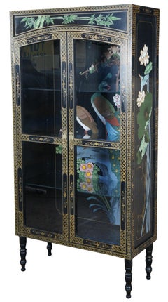 Mid Century Oriental Chinoiserie Black Lacquor Peacock Curio Display Cabinet