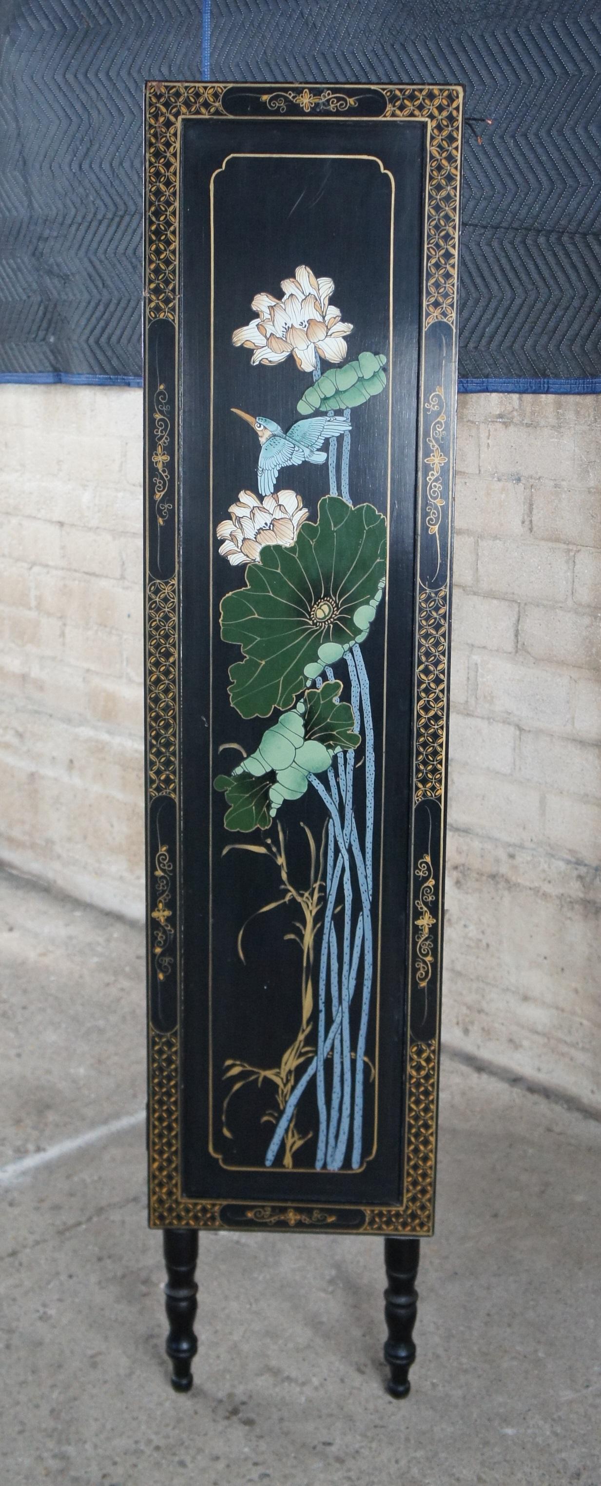 Mid Century Oriental Chinoiserie Black Lacquor Peacock Curio Display Cabinet 1