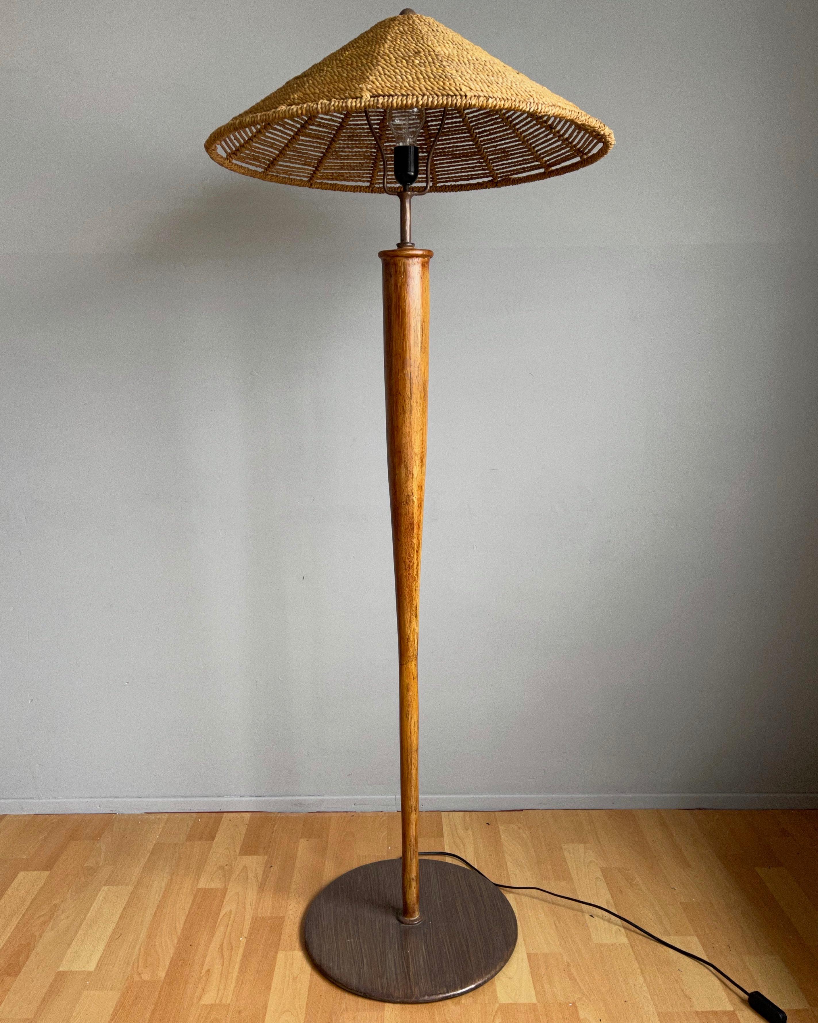 Mid-Century Oriental Design Bamboo and Metal Floor Lamp with Conical Rope Shade 5
