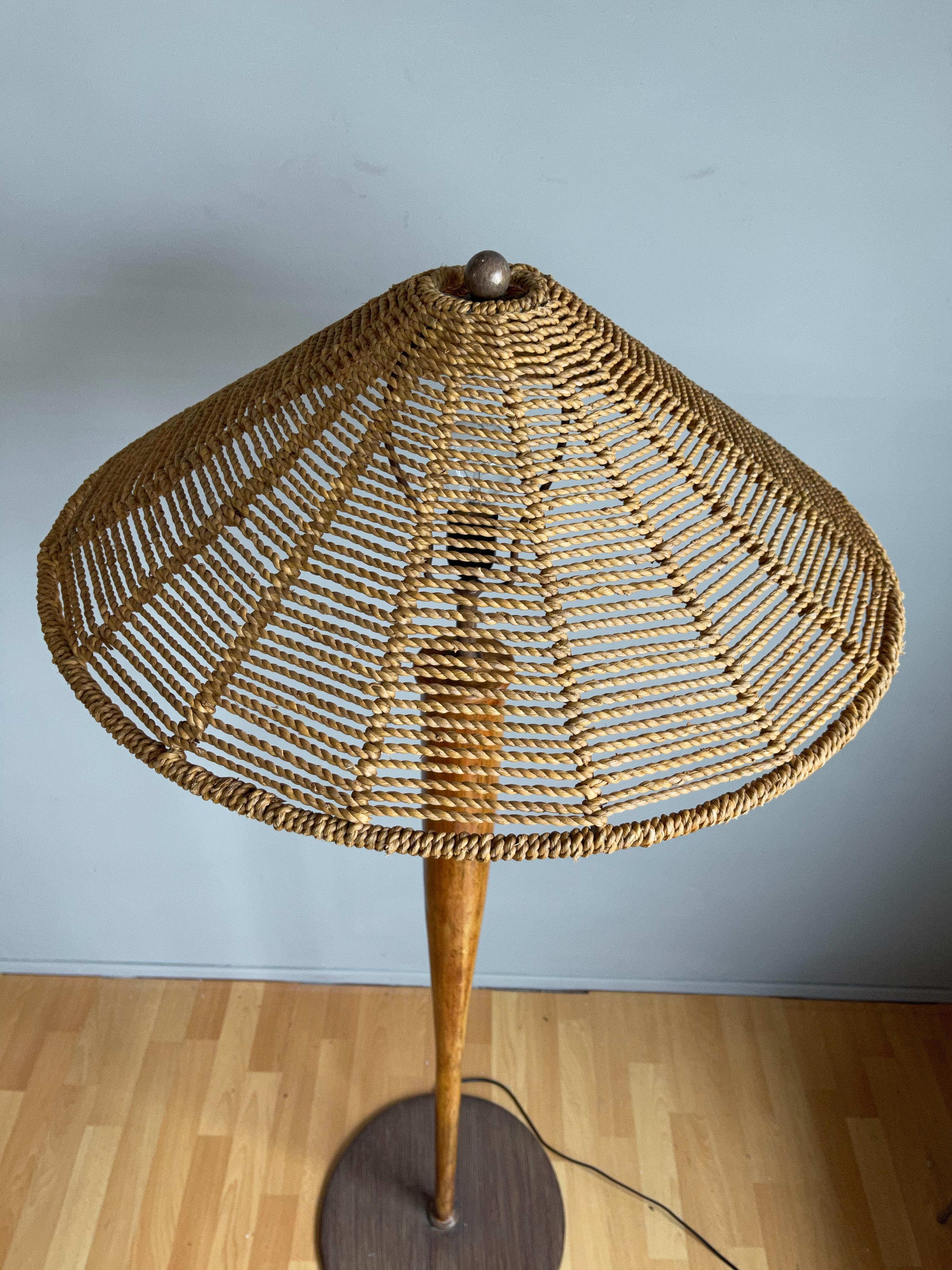 Mid-Century Oriental Design Bamboo and Metal Floor Lamp with Conical Rope Shade 4