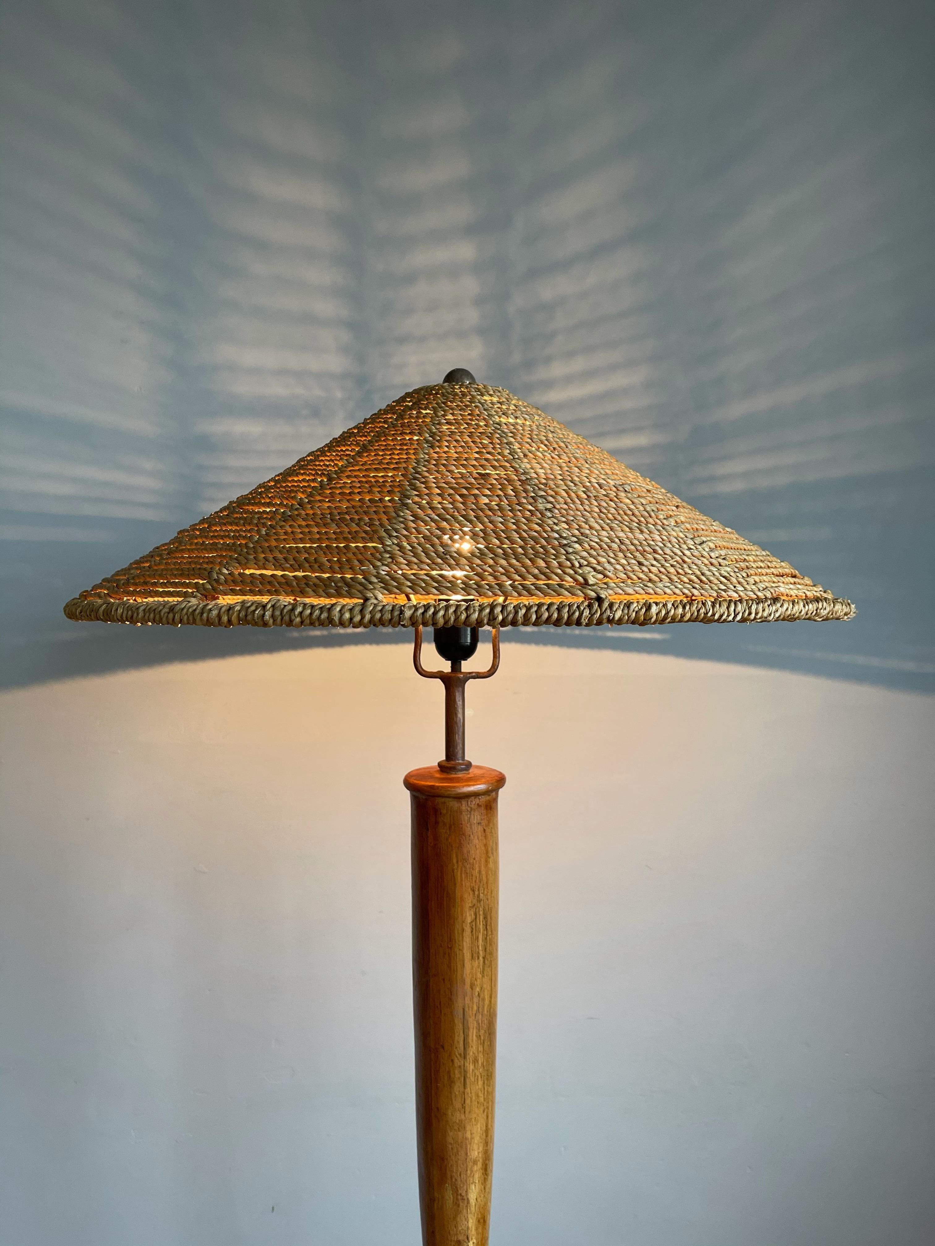 Mid-Century Oriental Design Bamboo and Metal Floor Lamp with Conical Rope Shade 8