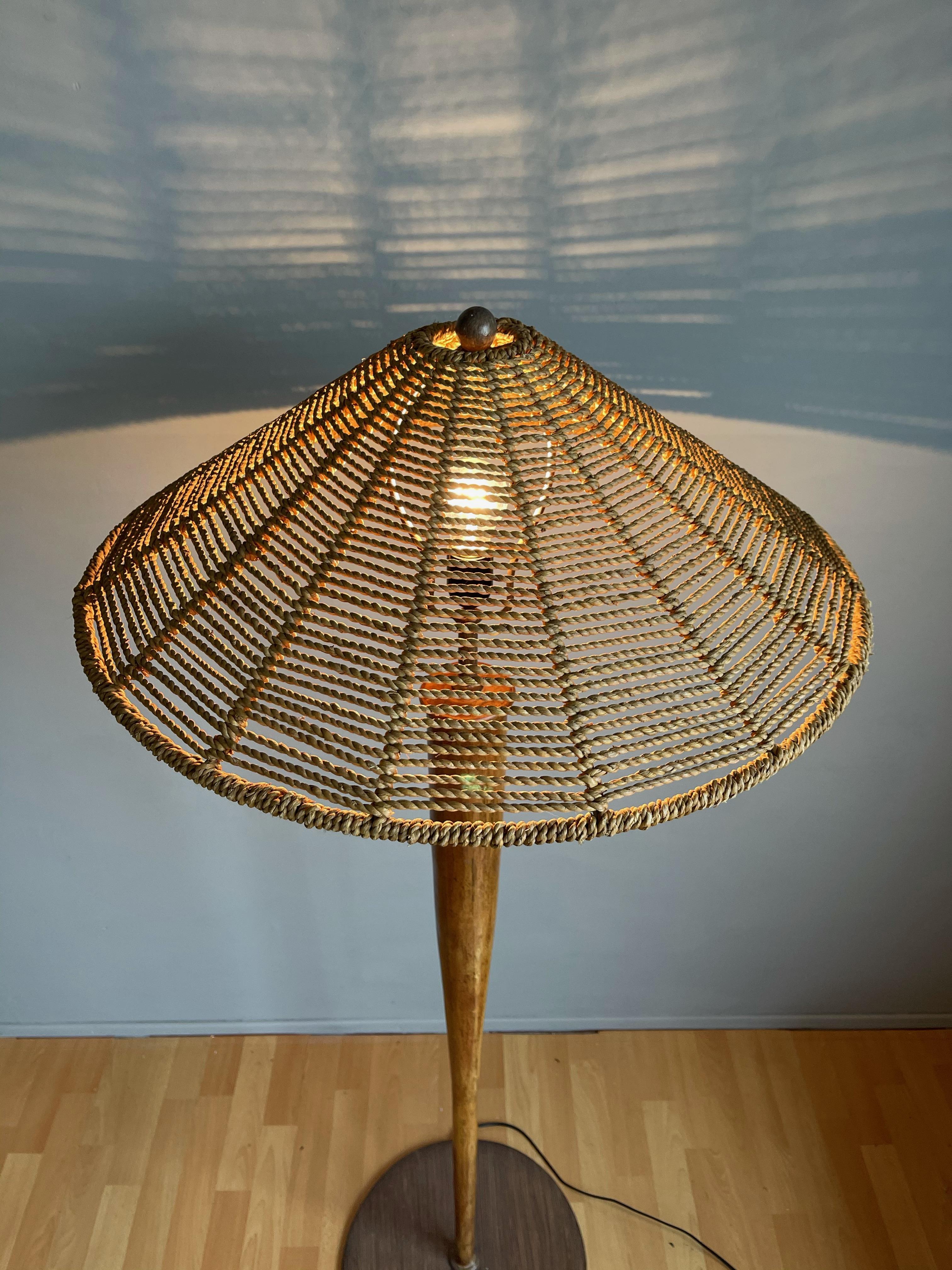 Mid-Century Oriental Design Bamboo and Metal Floor Lamp with Conical Rope Shade 9