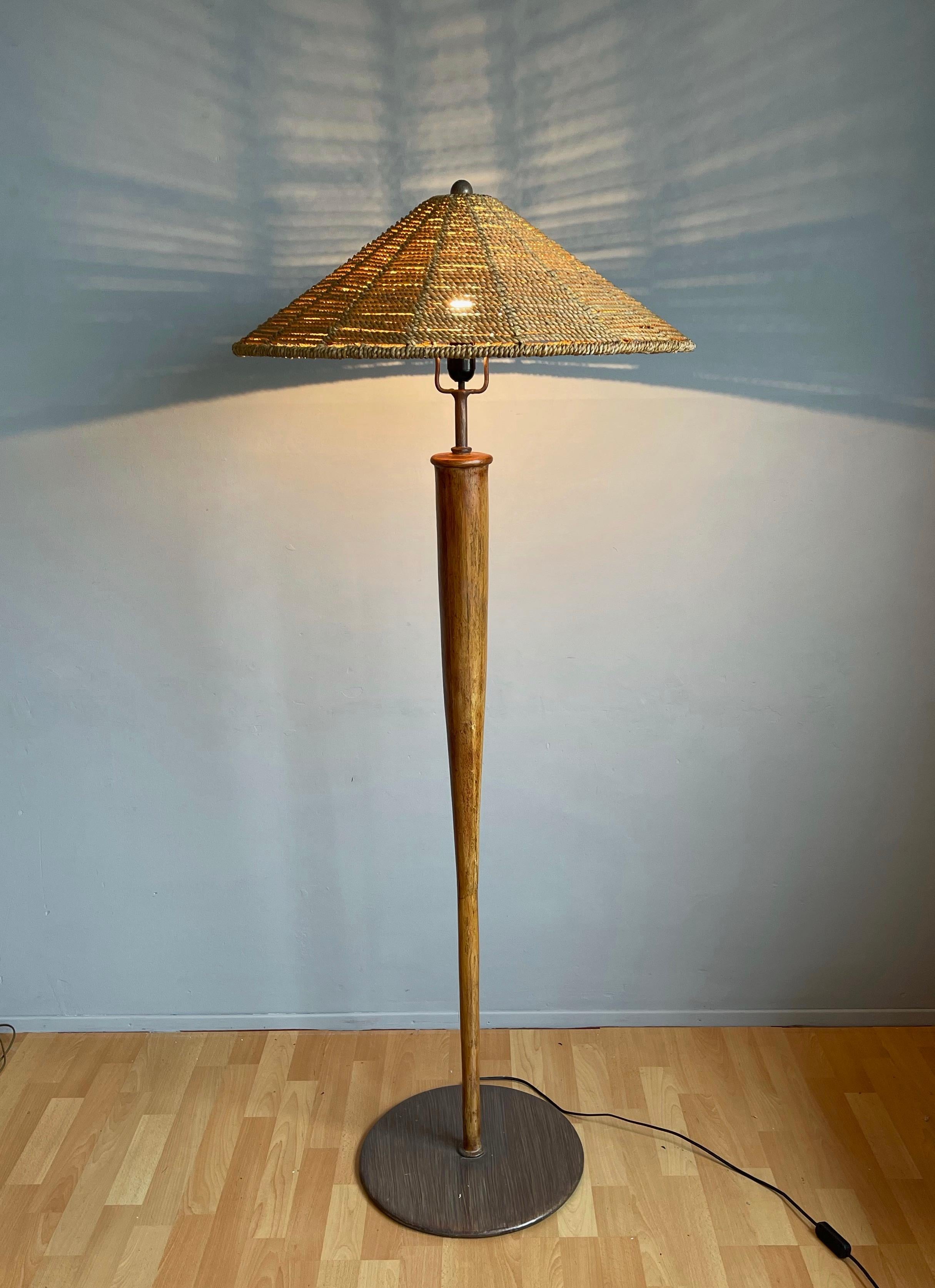 Hand-Crafted Mid-Century Oriental Design Bamboo and Metal Floor Lamp with Conical Rope Shade