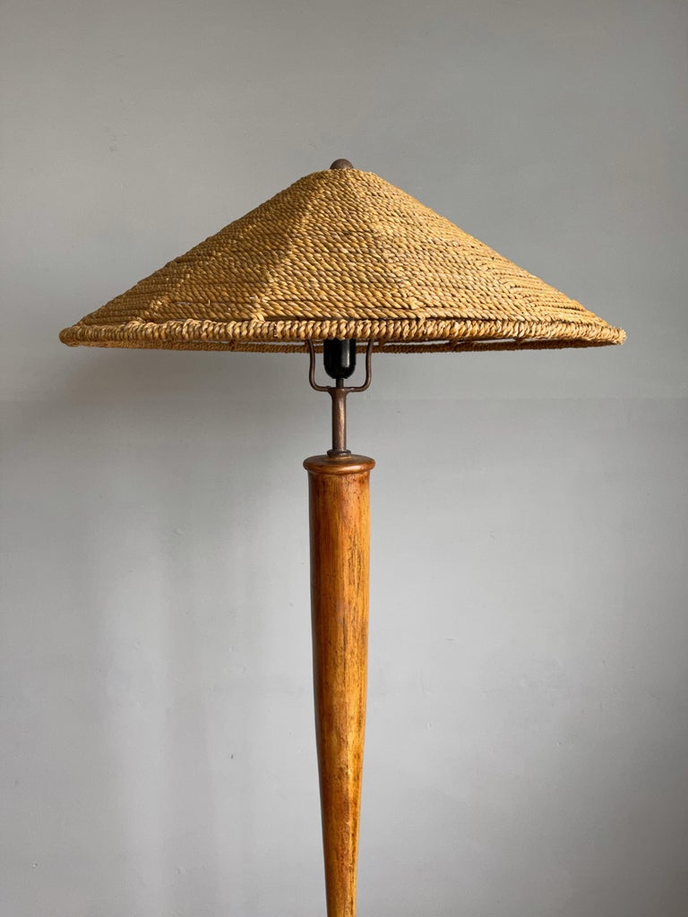 MidCentury Oriental Design Bamboo and Metal Floor Lamp with Conical