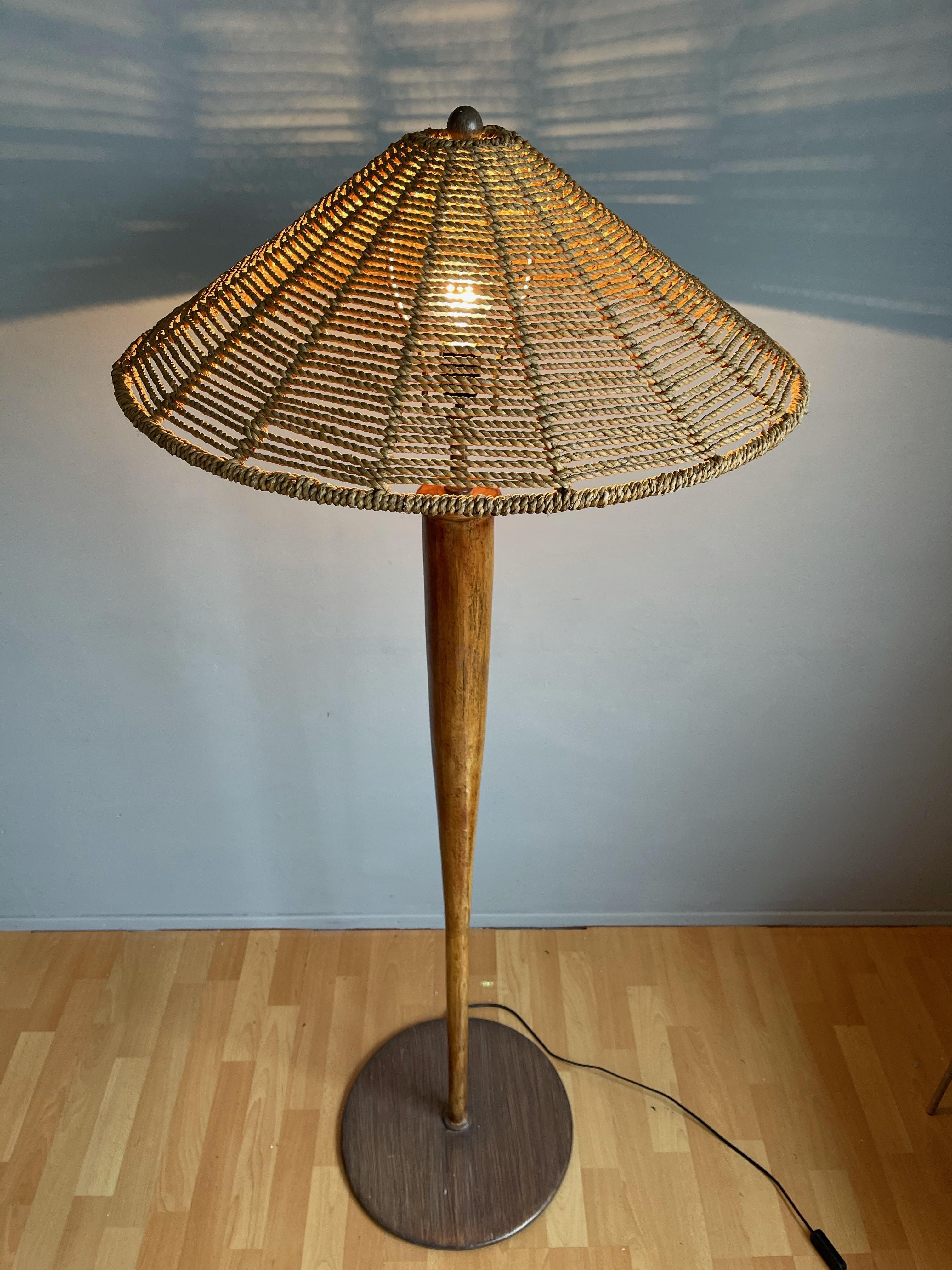 Mid-Century Oriental Design Bamboo and Metal Floor Lamp with Conical Rope Shade 10