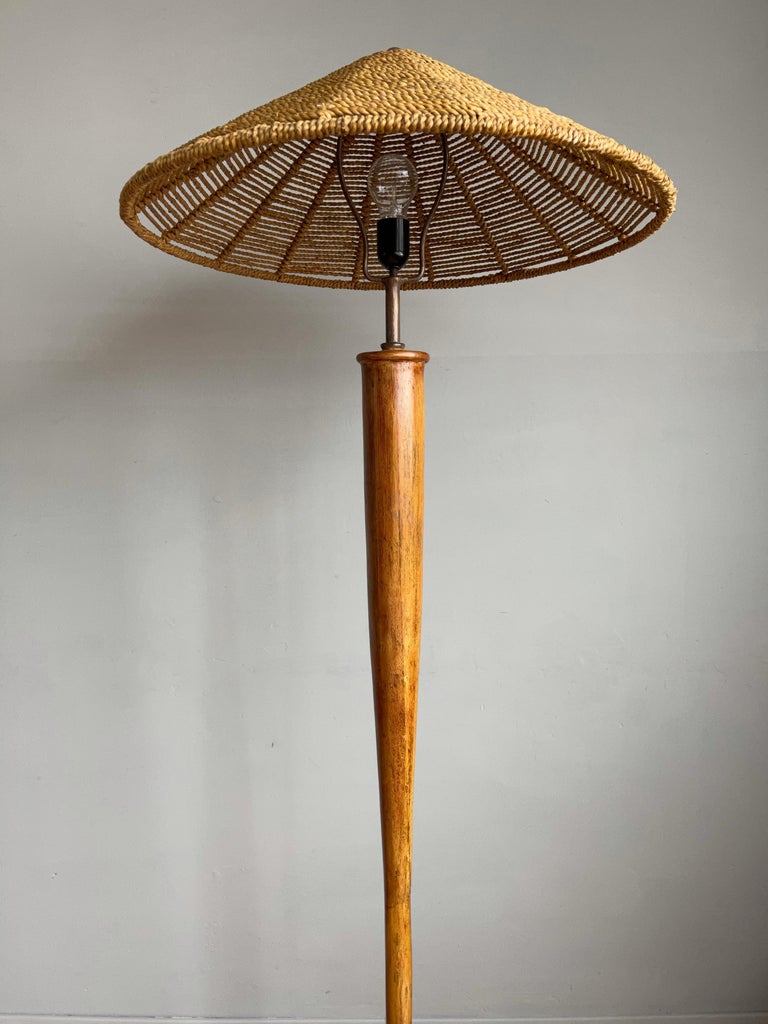MidCentury Oriental Design Bamboo and Metal Floor Lamp with Conical