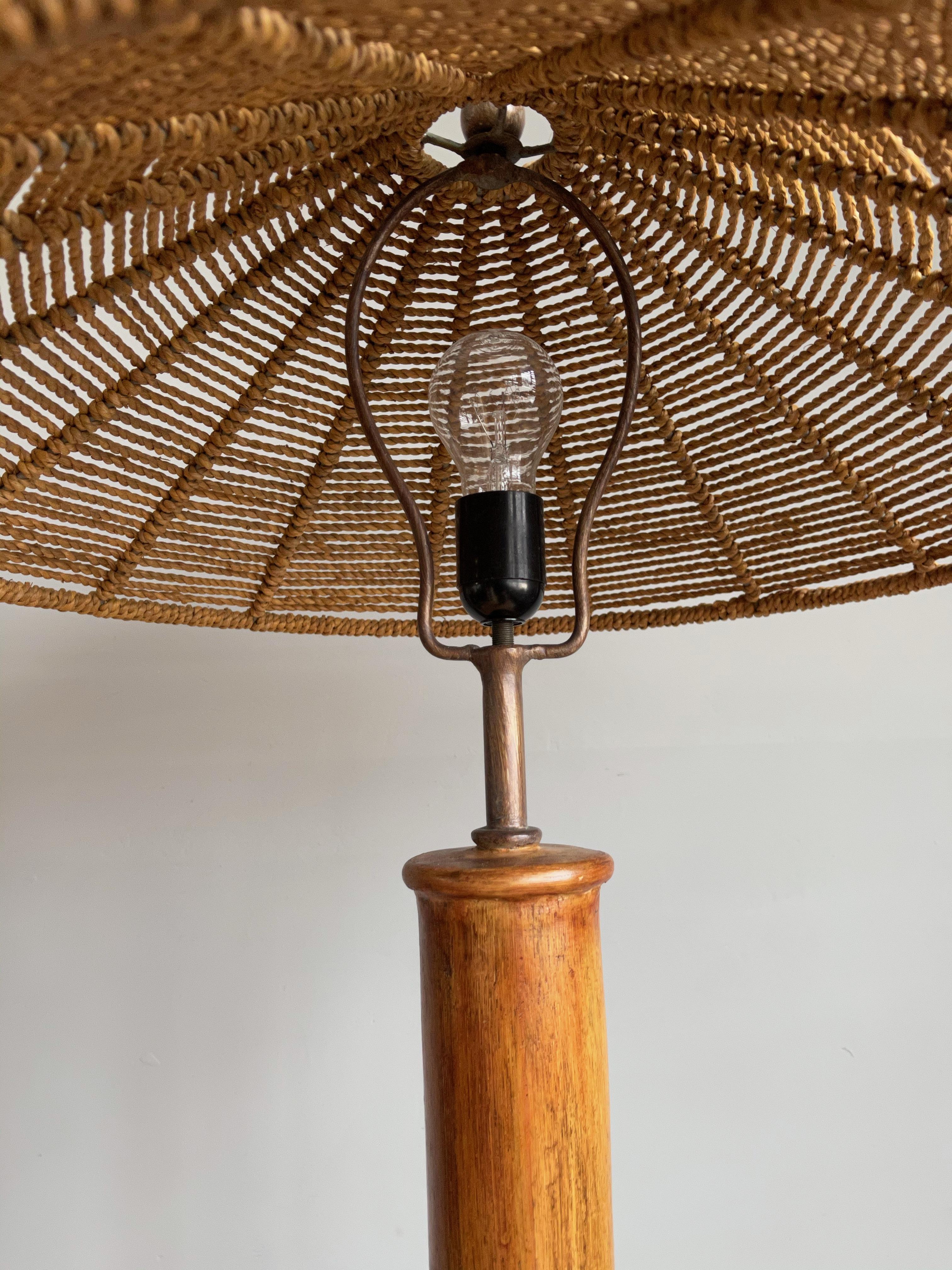 Mid-Century Oriental Design Bamboo and Metal Floor Lamp with Conical Rope Shade 2