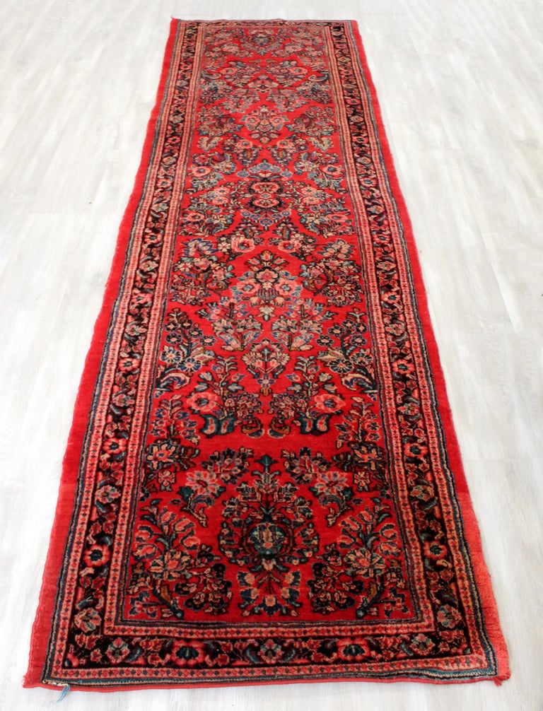 Midcentury Oriental Hand Knotted Wool Runner Rug Red Long For Sale at