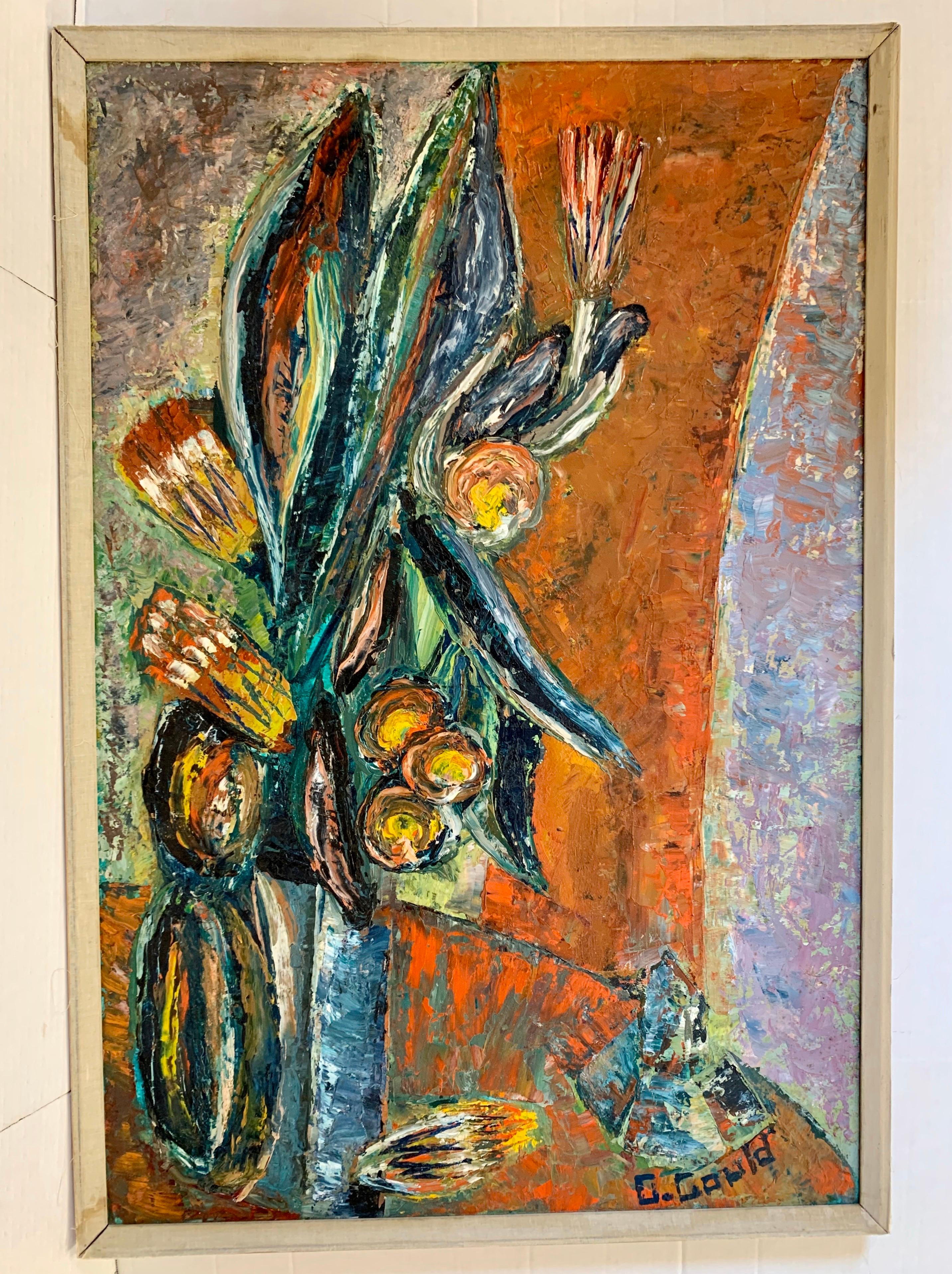 Unusual G. Gould signed midcentury floral still life painting. The medium is oil on board. The scale works for most rooms. With its whimsical theme and vibrant colors, this work of art would be a welcome
addition to both midcentury as well as more