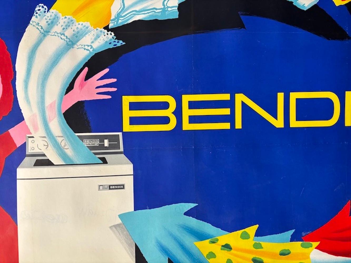 Originales französisches Werbeplakat aus der Mitte des Jahrhunderts, „BENDIX“, von H. MORVAN, 1965

Dieses Plakat wurde von Herve Morvan entworfen, um die elektrische Haushaltswaschmaschine zu bewerben. Diese Waschmaschine ist ein Beispiel für eine