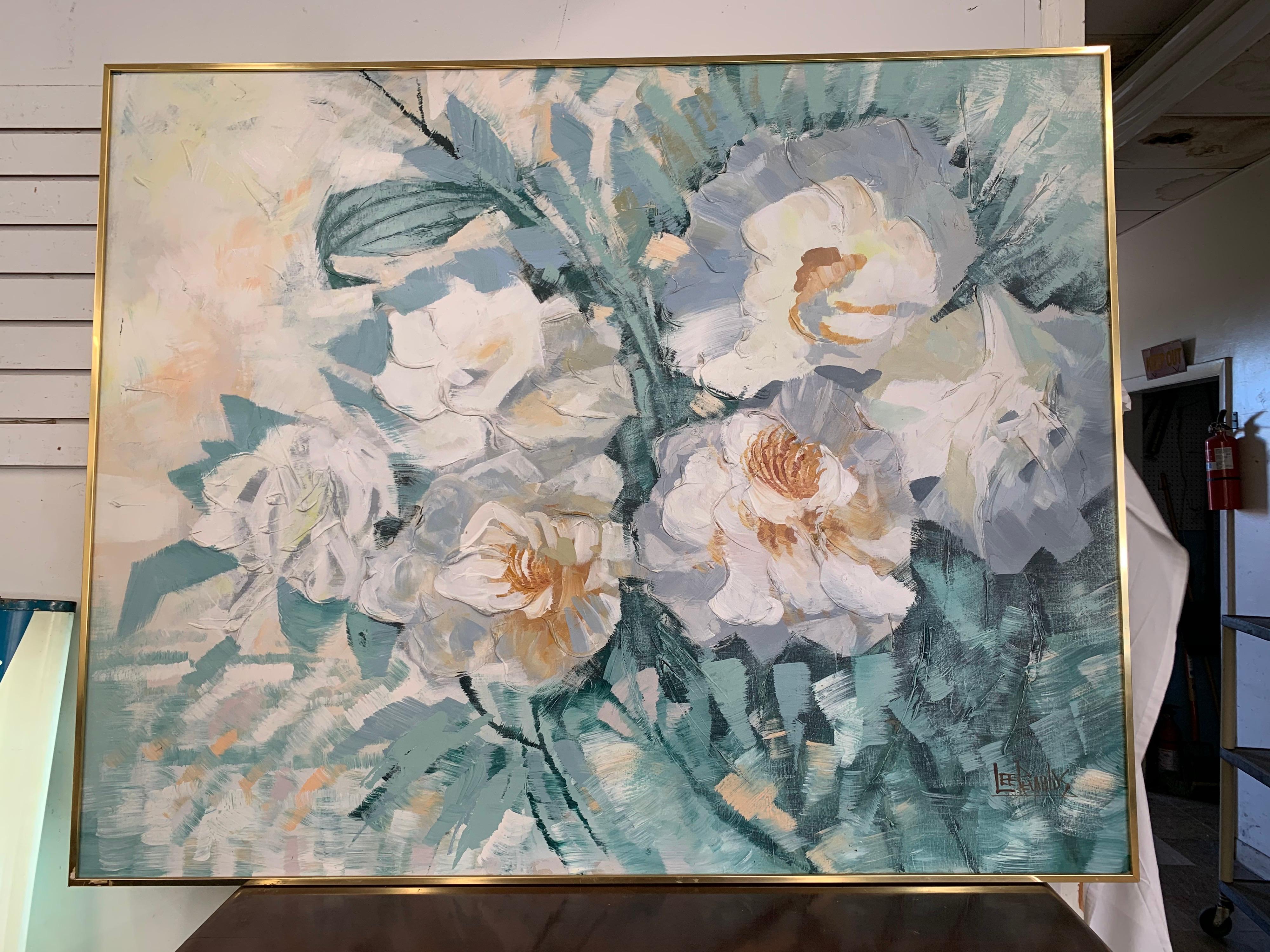 Beautiful midcentury original oil painting of white flowers featuring bold textured brush strokes. By noted artist Lee Reynolds, signed lower right and displayed in a gold metal frame.