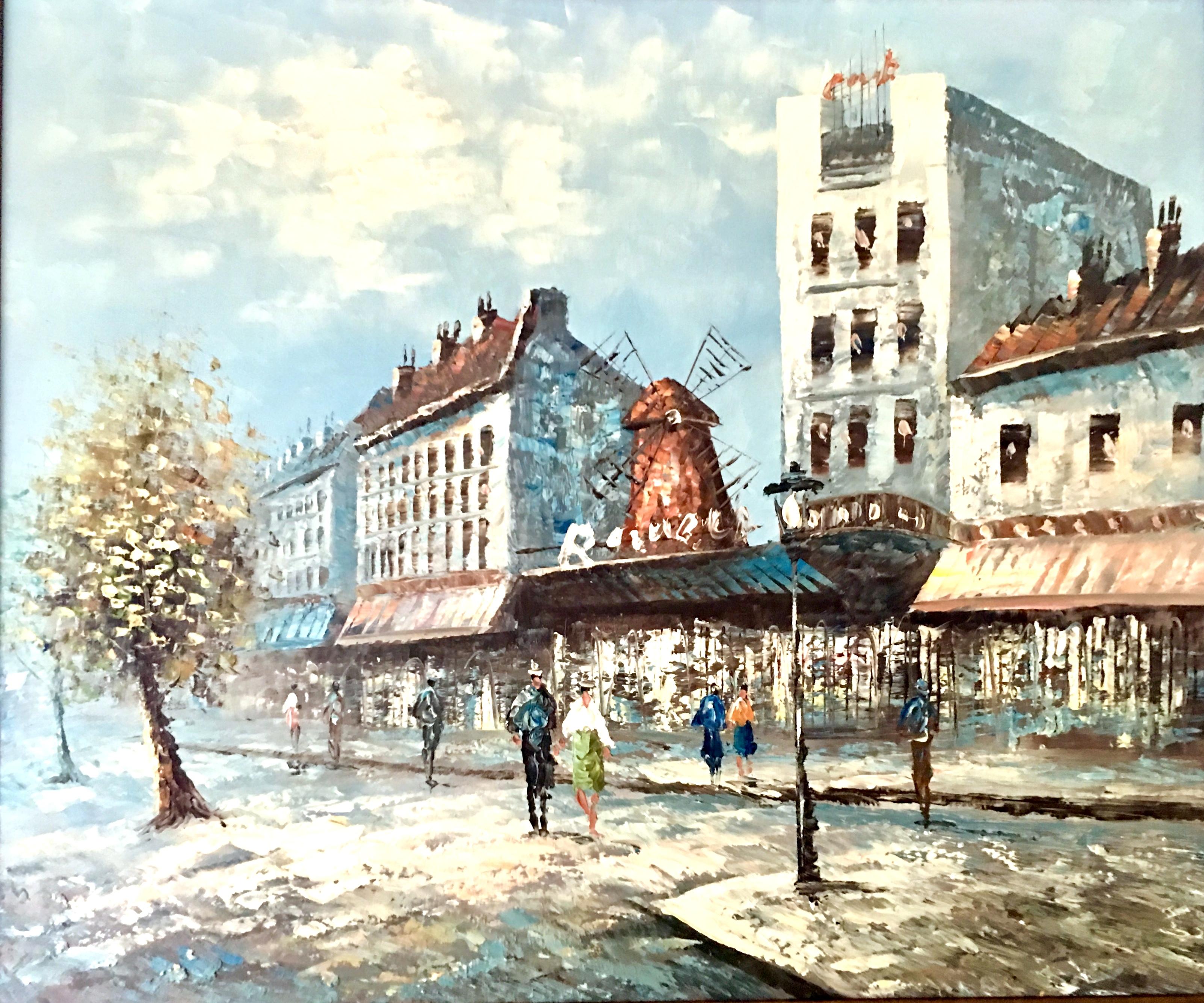 20th century original oil on canvas painting, Paris Street Scene -Moulon Rouge by, Burnett. This original piece of impressionist, impasto art is quintessential Burnett style, executed with great detail and dimensional texture. Pencil signed/printed