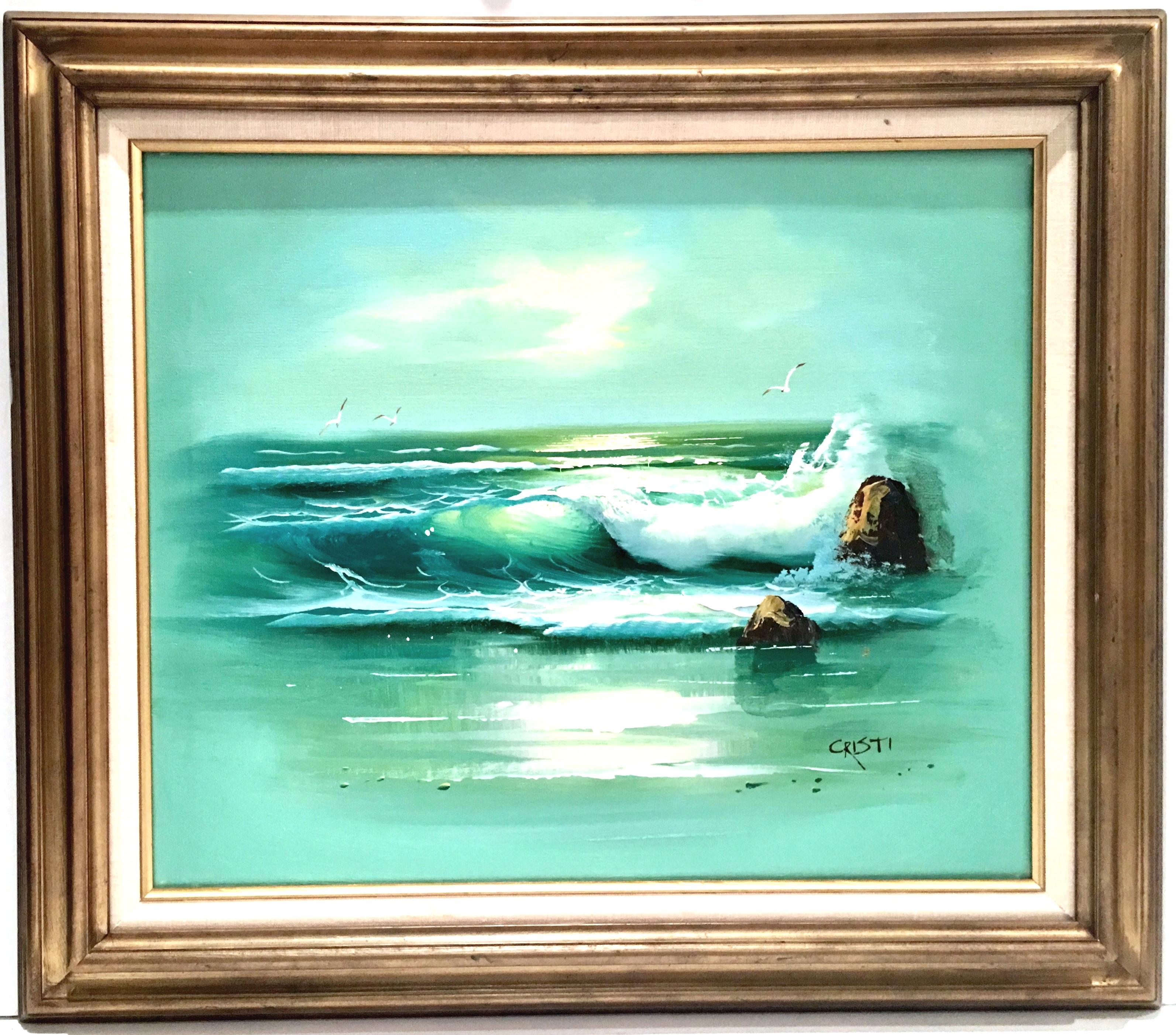 Original Oil On Canvas Painting By Italian artist Cristi. This Spectacular and glowing ocean sunset painting is signed lower right, Cristi.
Listed Artist, Cristi was known to paint almost exclusively ocean scenes. His ability to catch the movement