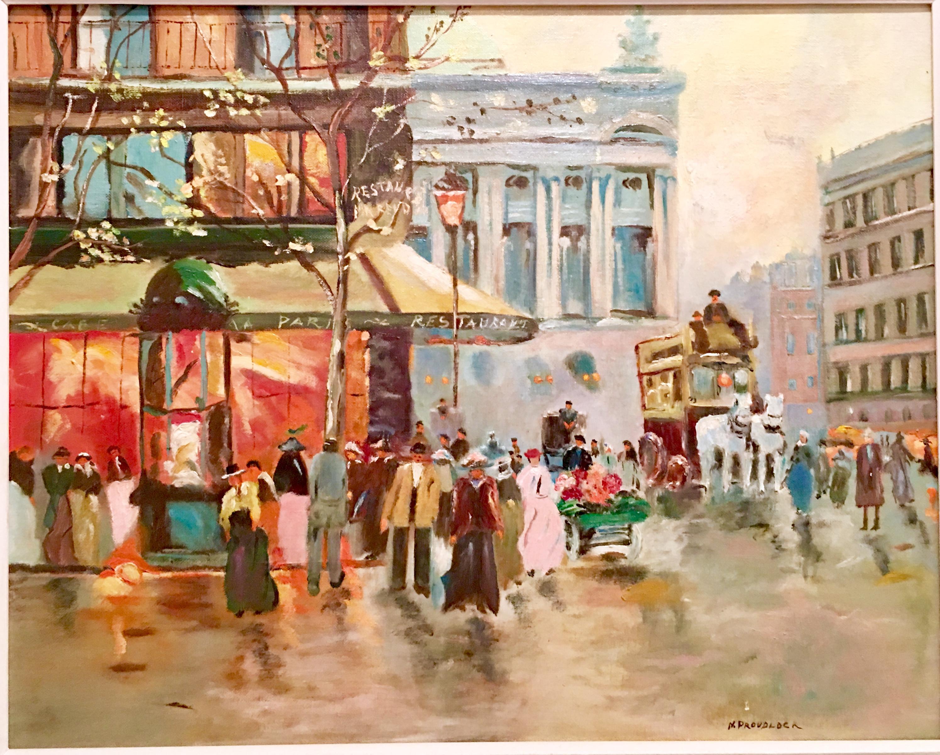 Midcentury Original Oil on Canvas Painting Paris Street Scene by, N. Proudlock In Good Condition In West Palm Beach, FL
