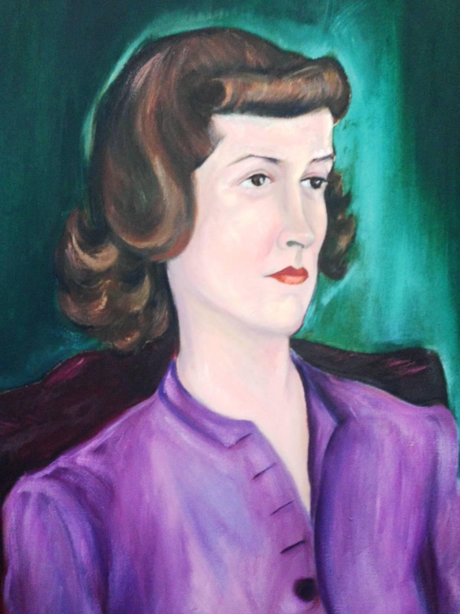 Mid-Century Original oil on canvas painting, Woman in Purple