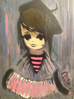 Mid-Century Original Oil Painting "Big Eyes" By Van Gaard