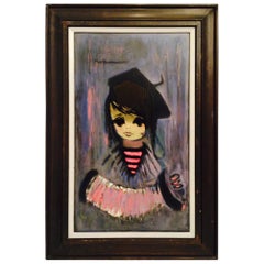 Mid-Century Original Oil Painting "Big Eyes" By Van Gaard