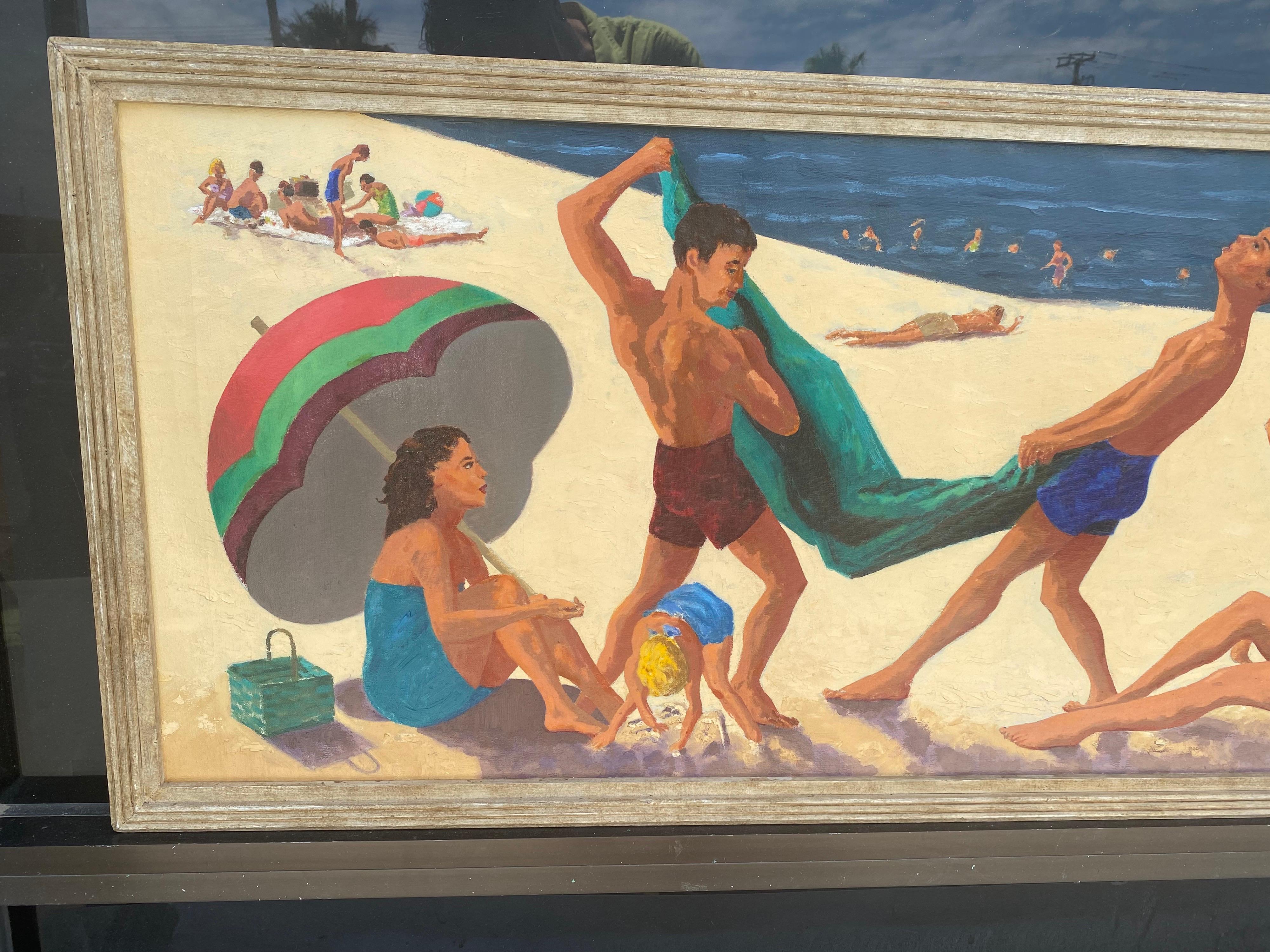 This wonderful 1955 original painting came from a very upscale estate in San Diego California. It shows a fun beach scene of friends frolicking on the beach. Really unique original mid century paintings are getting hard to fine and this one has been