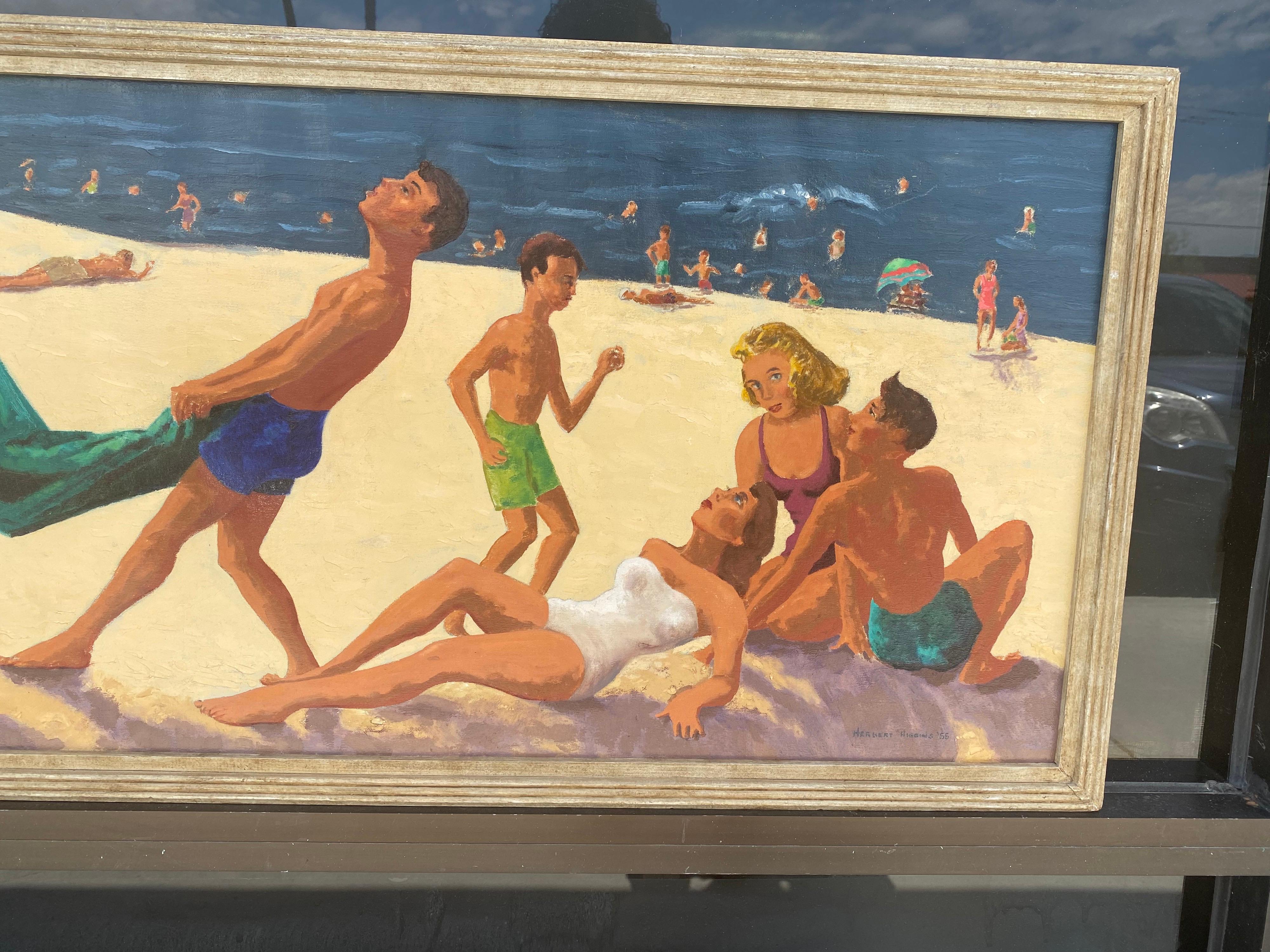Mid-Century Modern Mid Century Original Oil Painting of Wonderful Bright Beach Scene