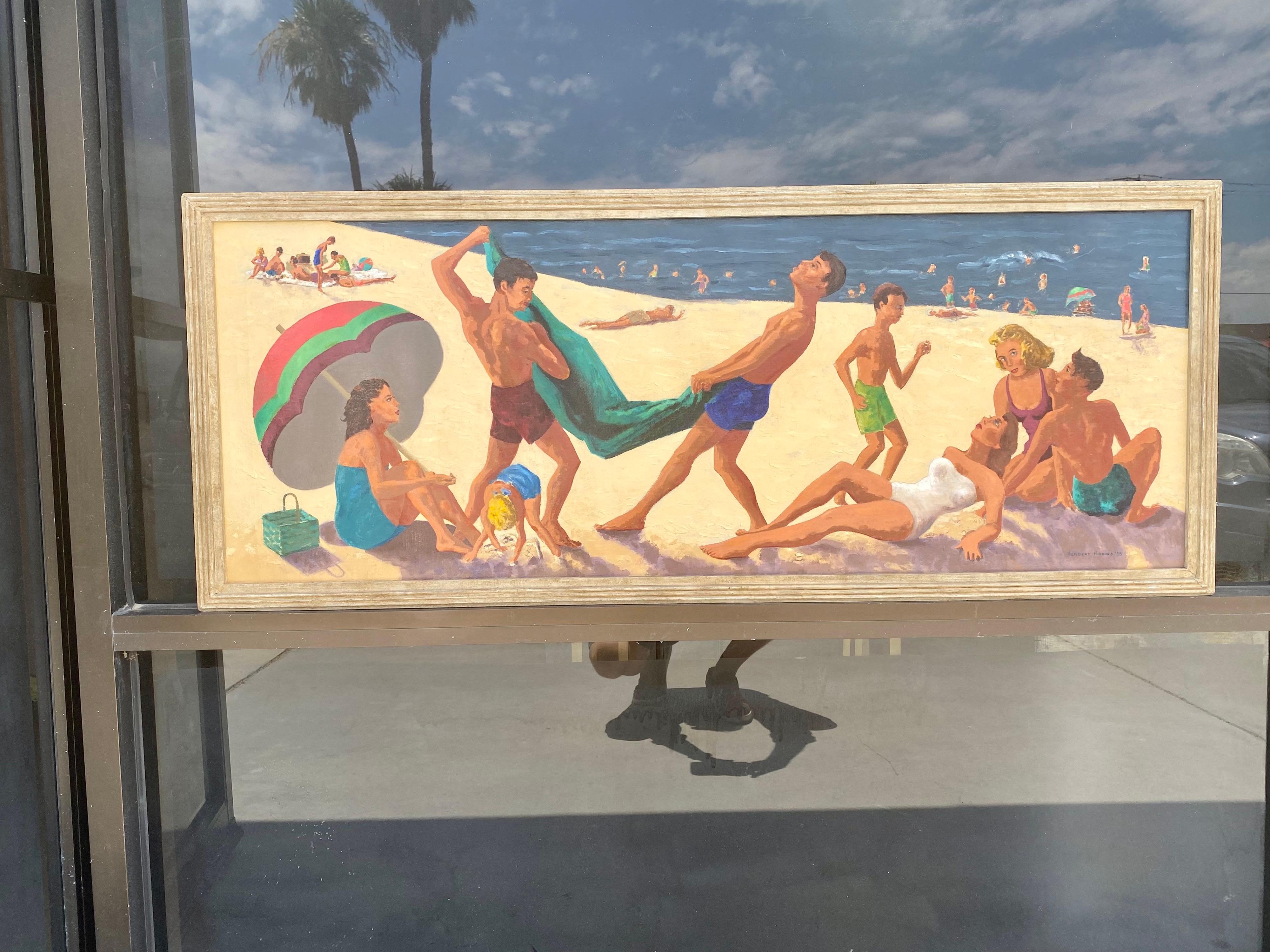 Hand-Painted Mid Century Original Oil Painting of Wonderful Bright Beach Scene