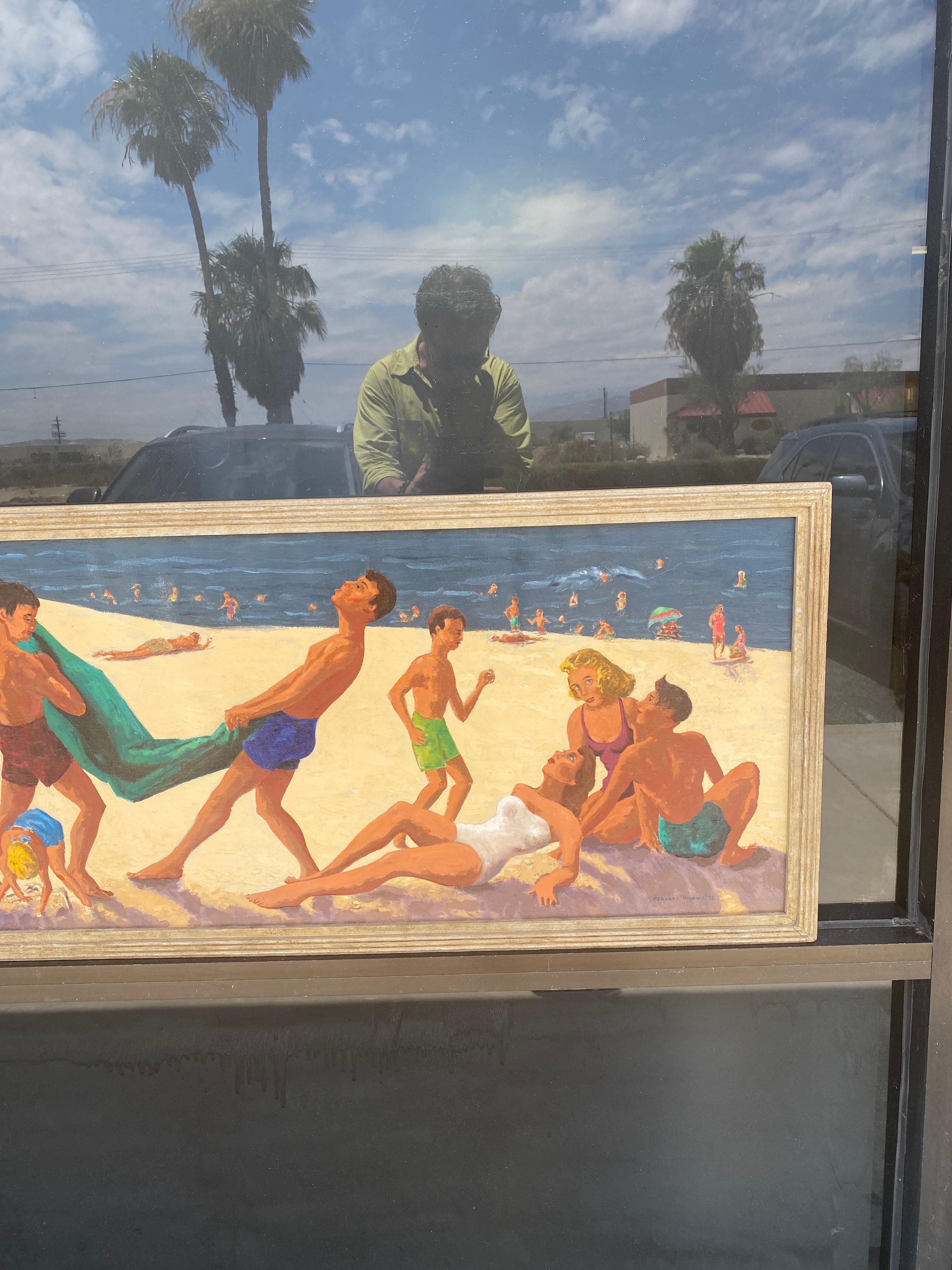 Mid Century Original Oil Painting of Wonderful Bright Beach Scene In Good Condition In Palm Springs, CA
