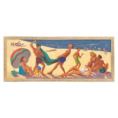 Mid Century Original Oil Painting of Wonderful Bright Beach Scene