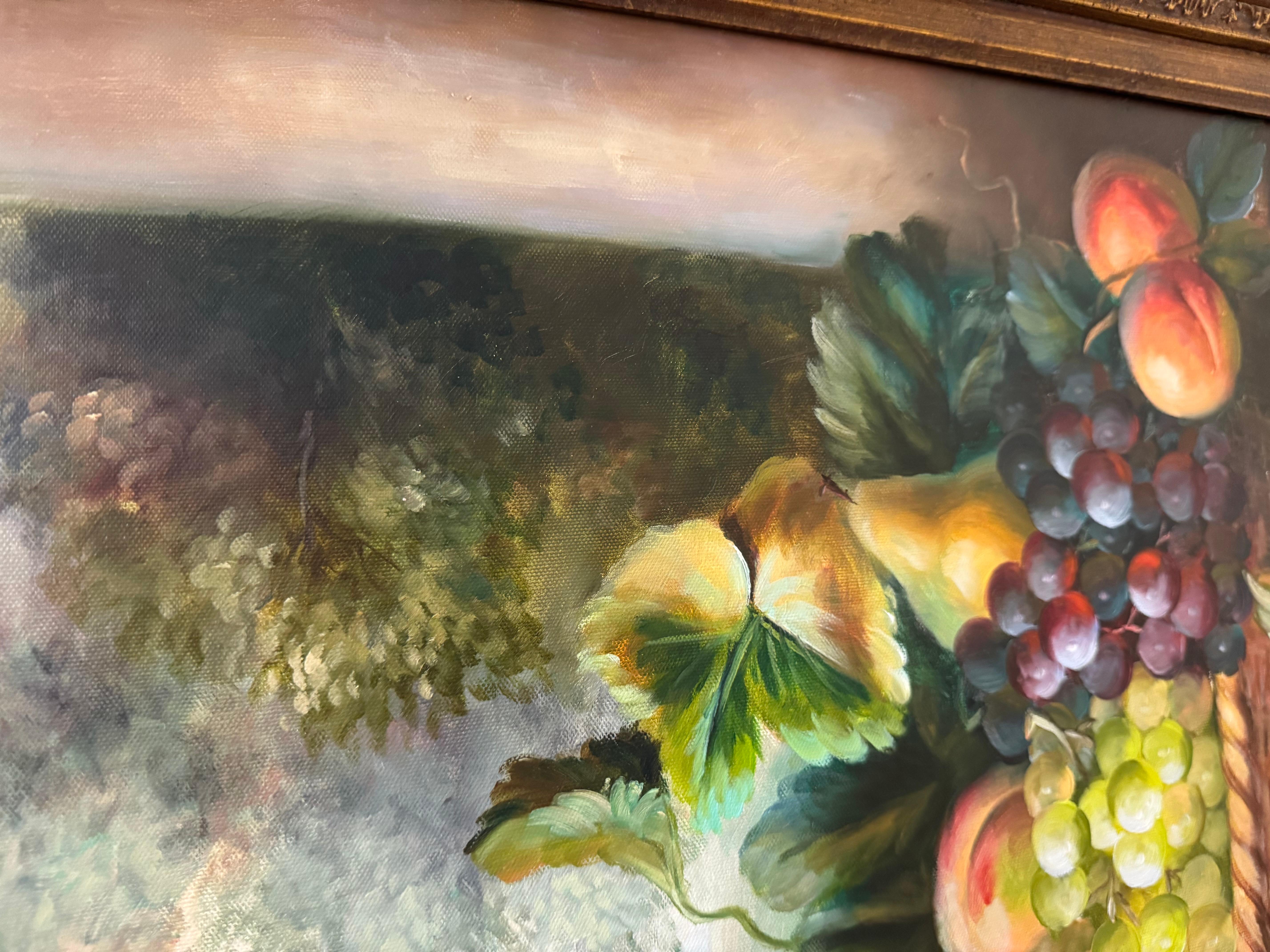 Mediados de siglo Pintura original al óleo sobre lienzo de frutas y pájaros en venta 4