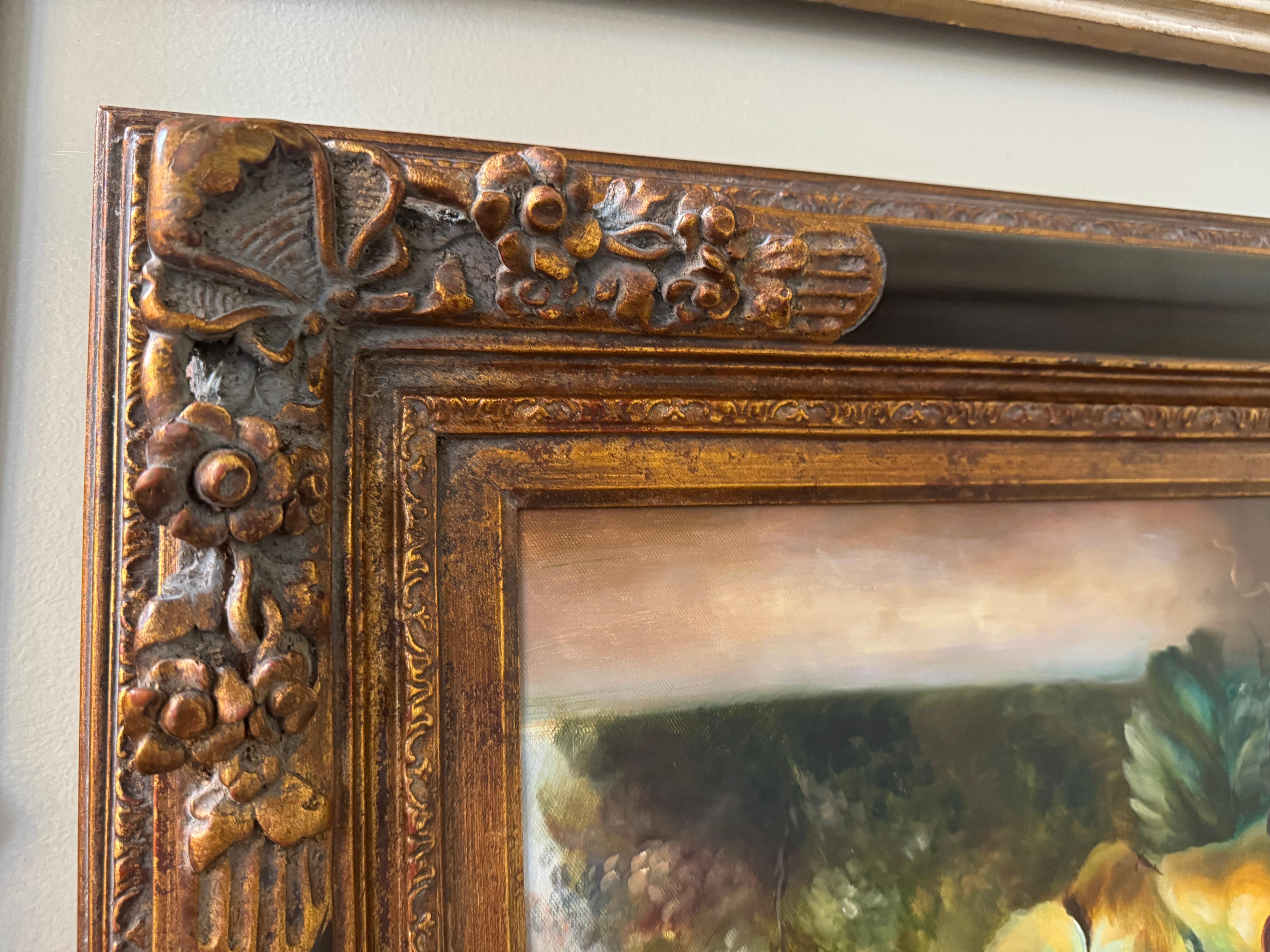 Mediados de siglo Pintura original al óleo sobre lienzo de frutas y pájaros en venta 5