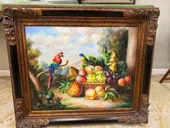 Metà secolo Quadro originale olio su tela di frutta e uccelli
