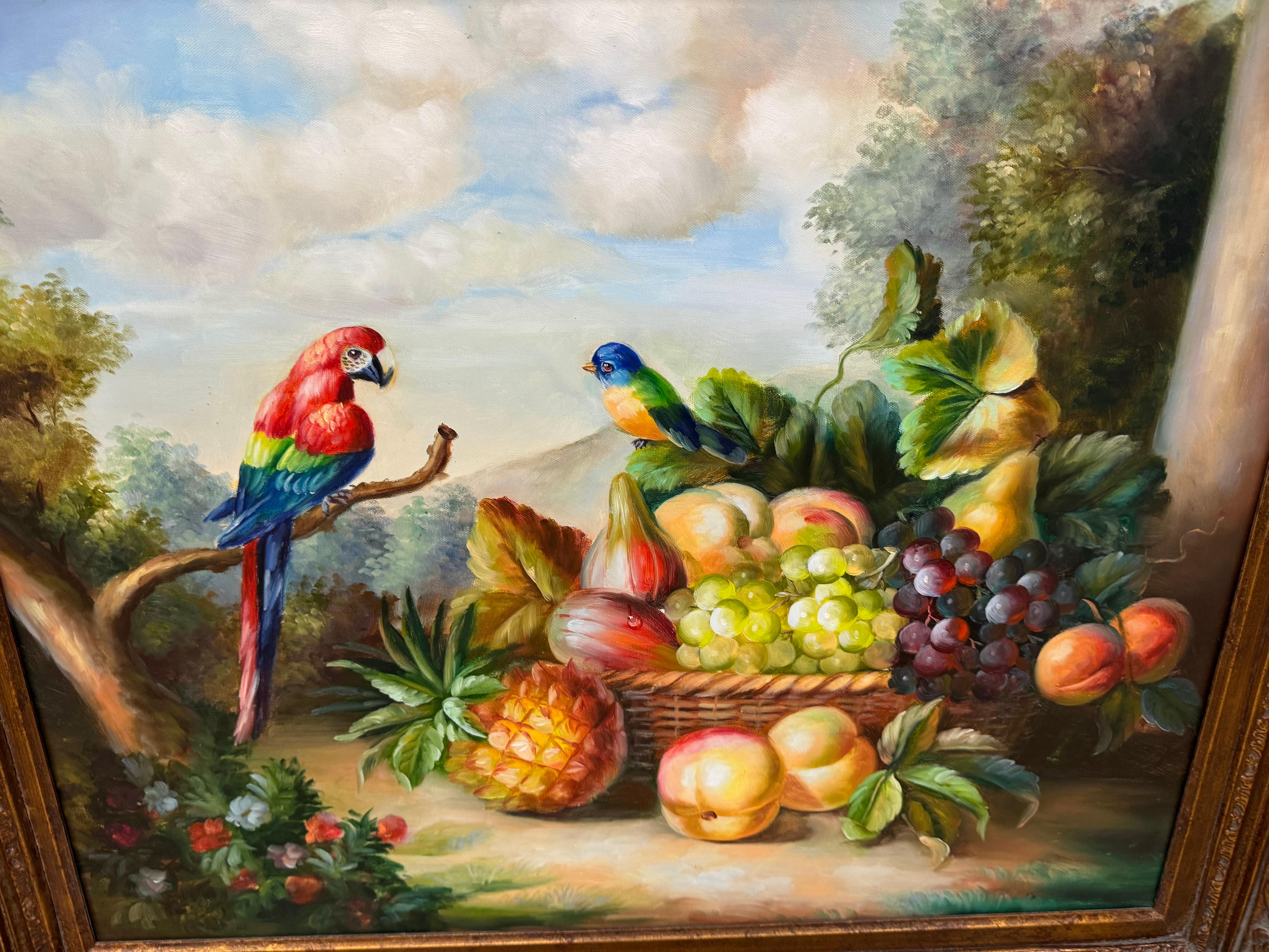 Mediados de siglo Pintura original al óleo sobre lienzo de frutas y pájaros Artes y manualidades en venta