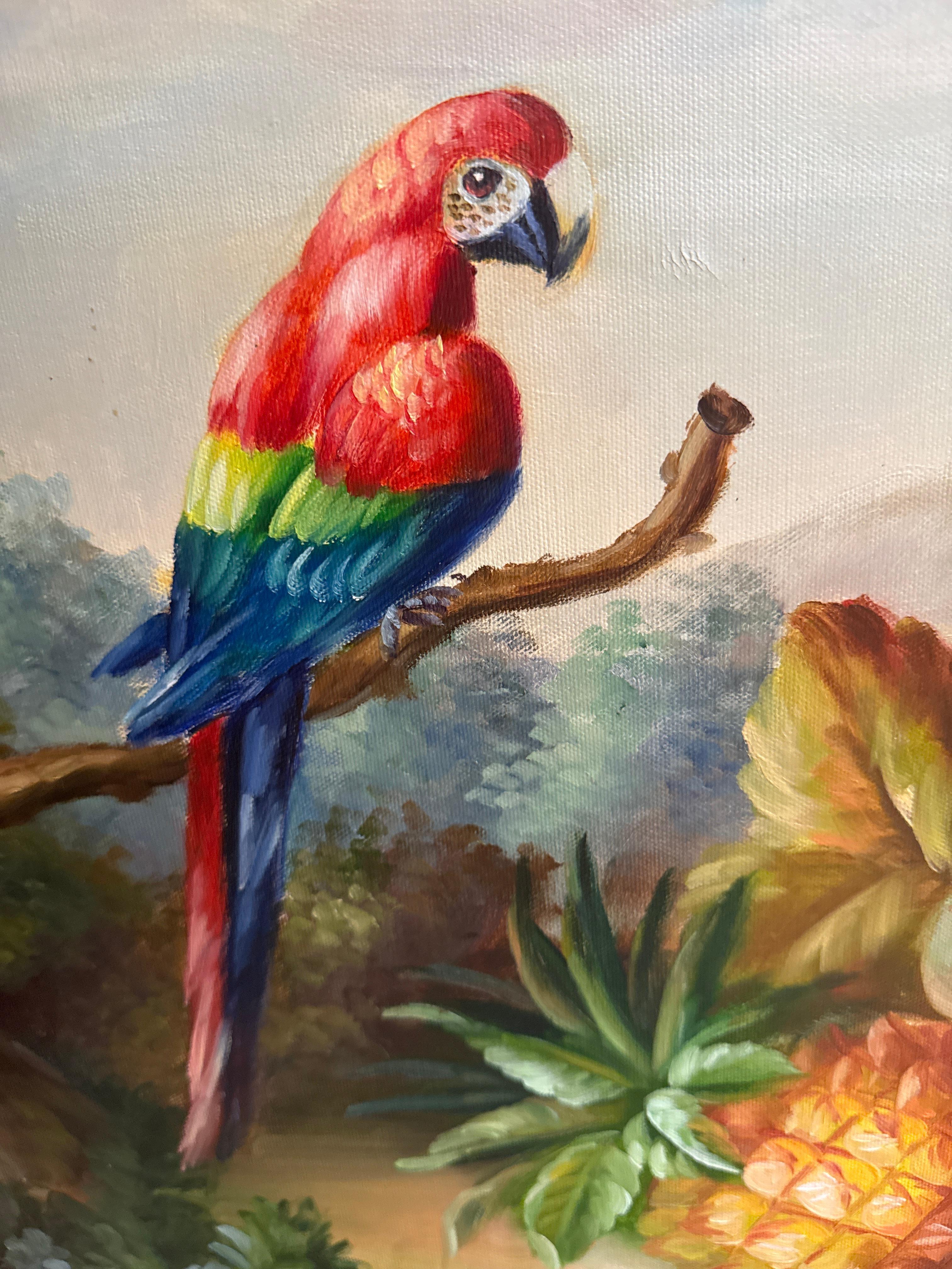 Mediados de siglo Pintura original al óleo sobre lienzo de frutas y pájaros Estadounidense en venta