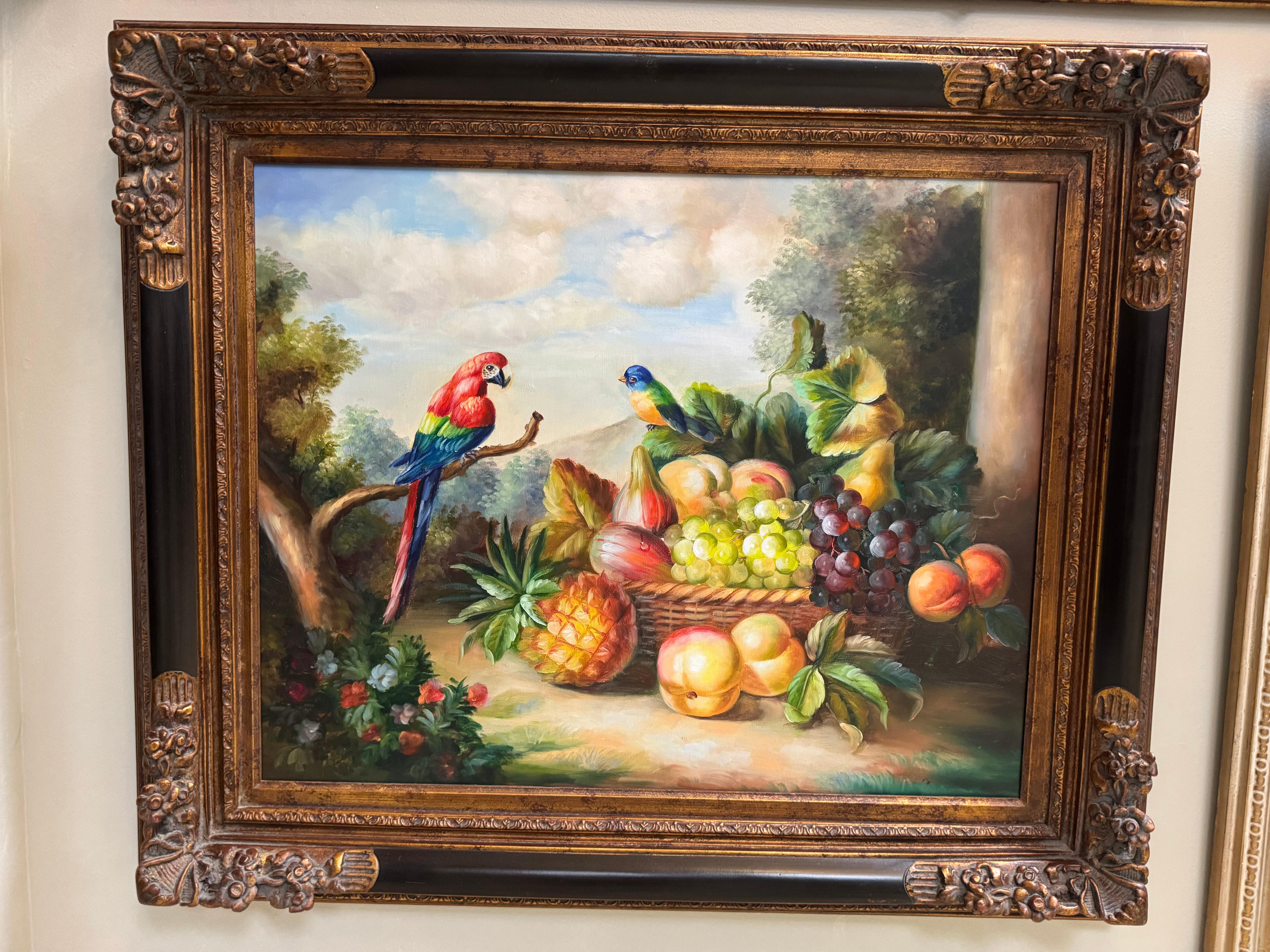 Mediados de siglo Pintura original al óleo sobre lienzo de frutas y pájaros en Bueno estado para la venta en Birmingham, AL