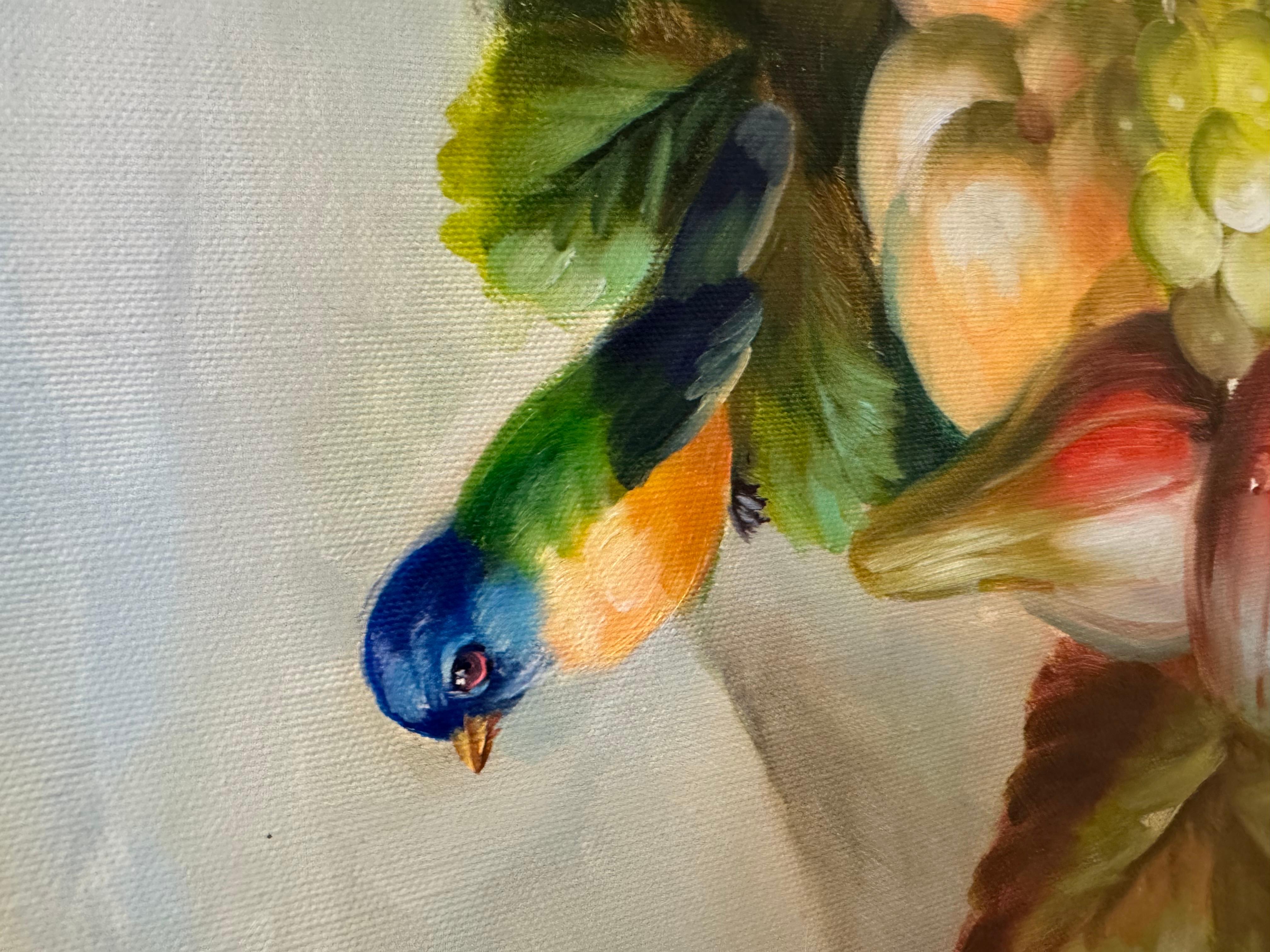 Mediados de siglo Pintura original al óleo sobre lienzo de frutas y pájaros en venta 1