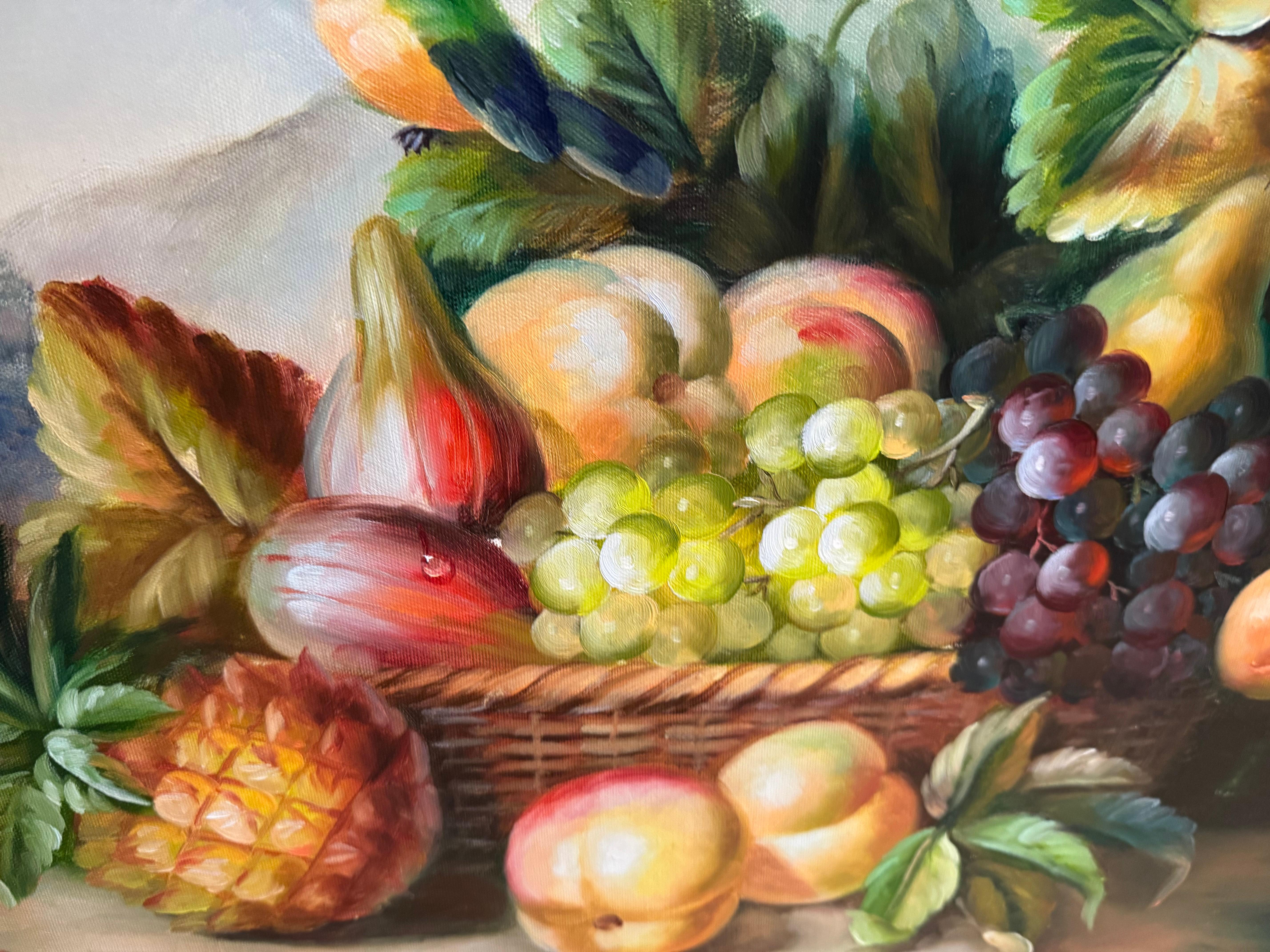 Mediados de siglo Pintura original al óleo sobre lienzo de frutas y pájaros en venta 2