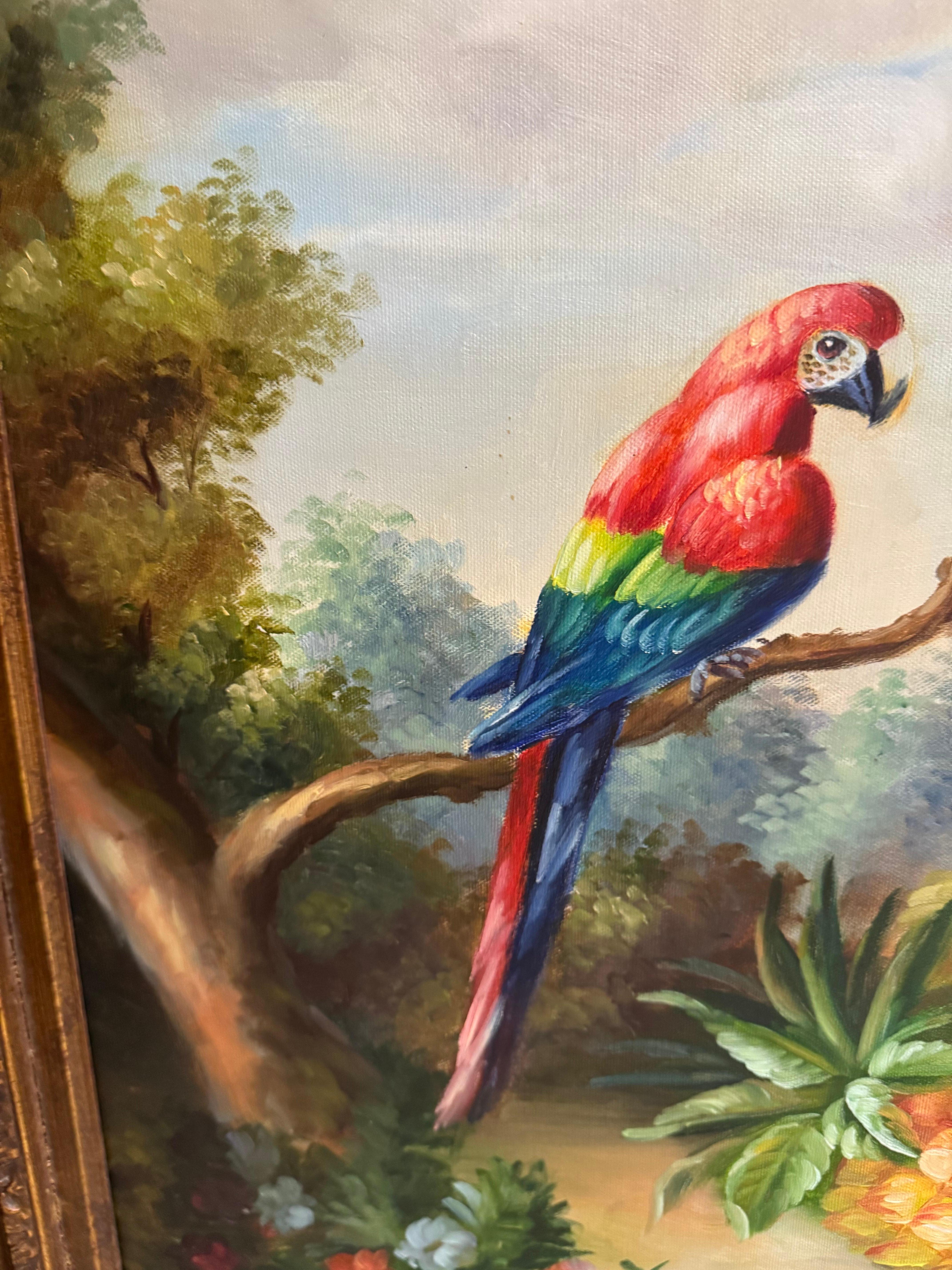 Mediados de siglo Pintura original al óleo sobre lienzo de frutas y pájaros en venta 3