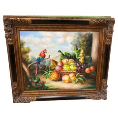 Mid century Original painting oil on canvas of fruits and birds