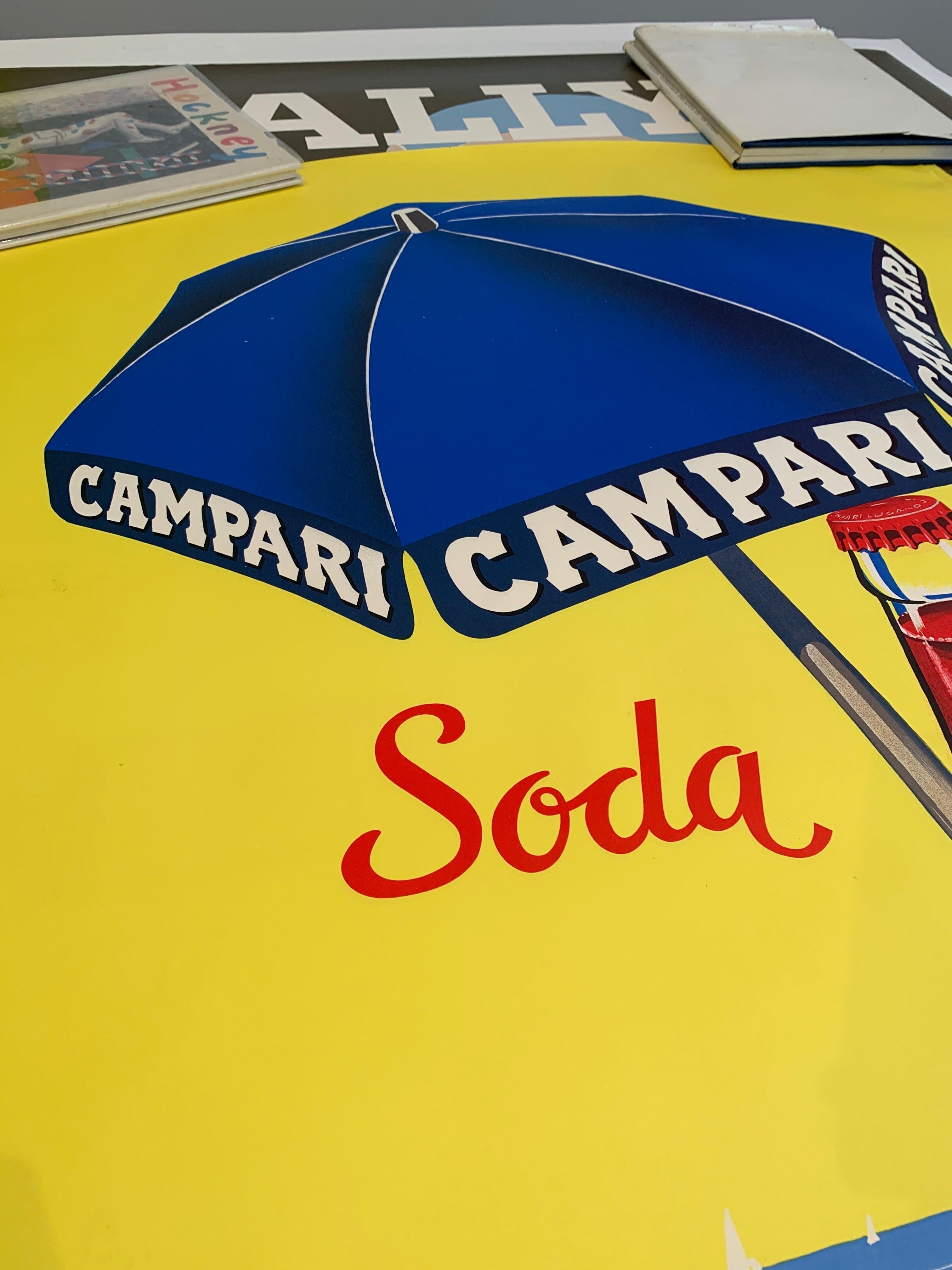 Mid-Century Original Vintage Poster, 'CAMPARI SODA BEACH UMBRELLA '

Campari Soda Umbrella Disseta Swiss poster original from 1950 lithograph.
Rare Swiss printing done in Lugano for Campari Soda 1950 original, Traub. Featuring a printing by Traub