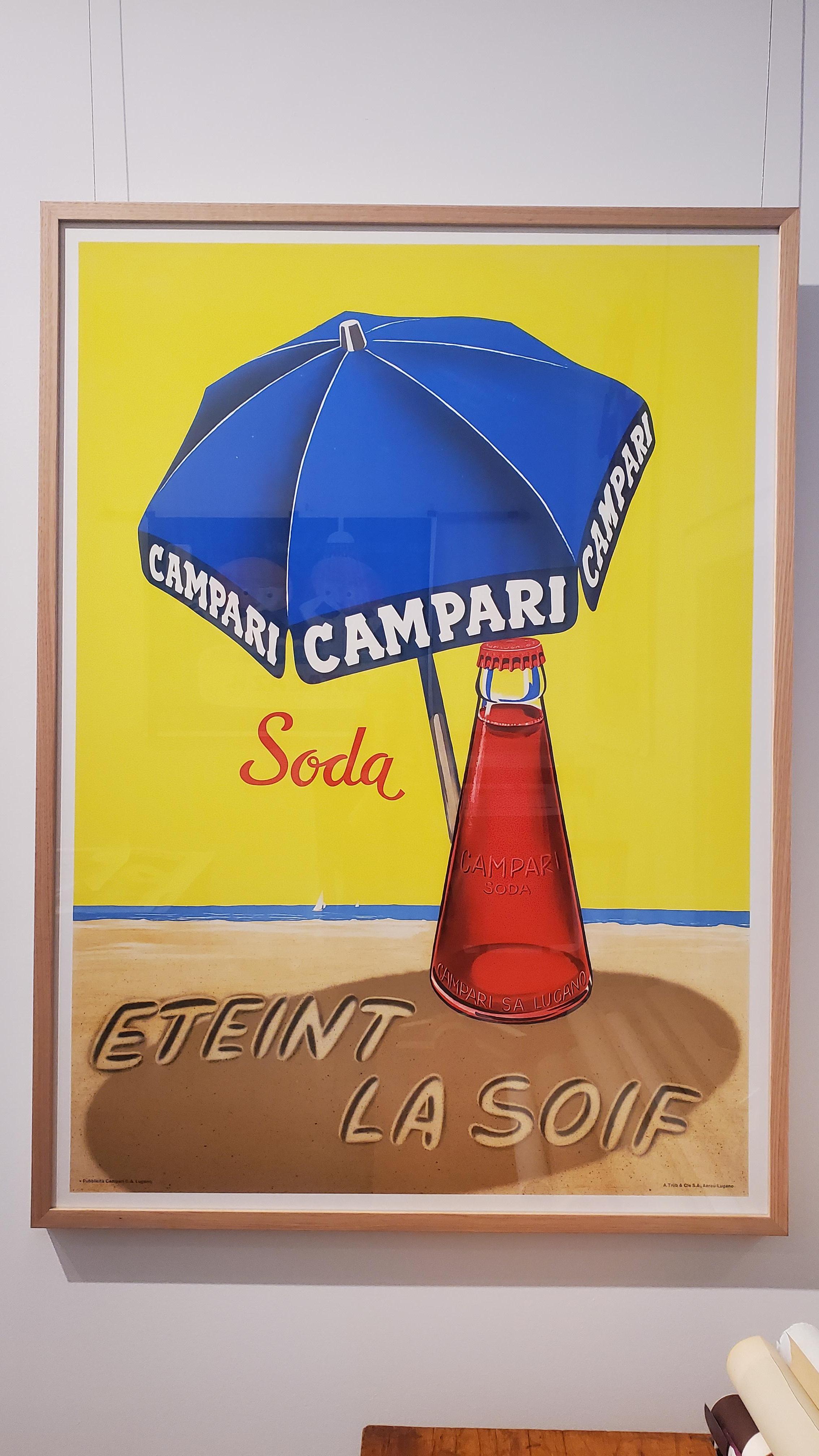 Swiss Mid-Century Original Vintage Poster, 'Campari Soda Beach Umbrella' For Sale