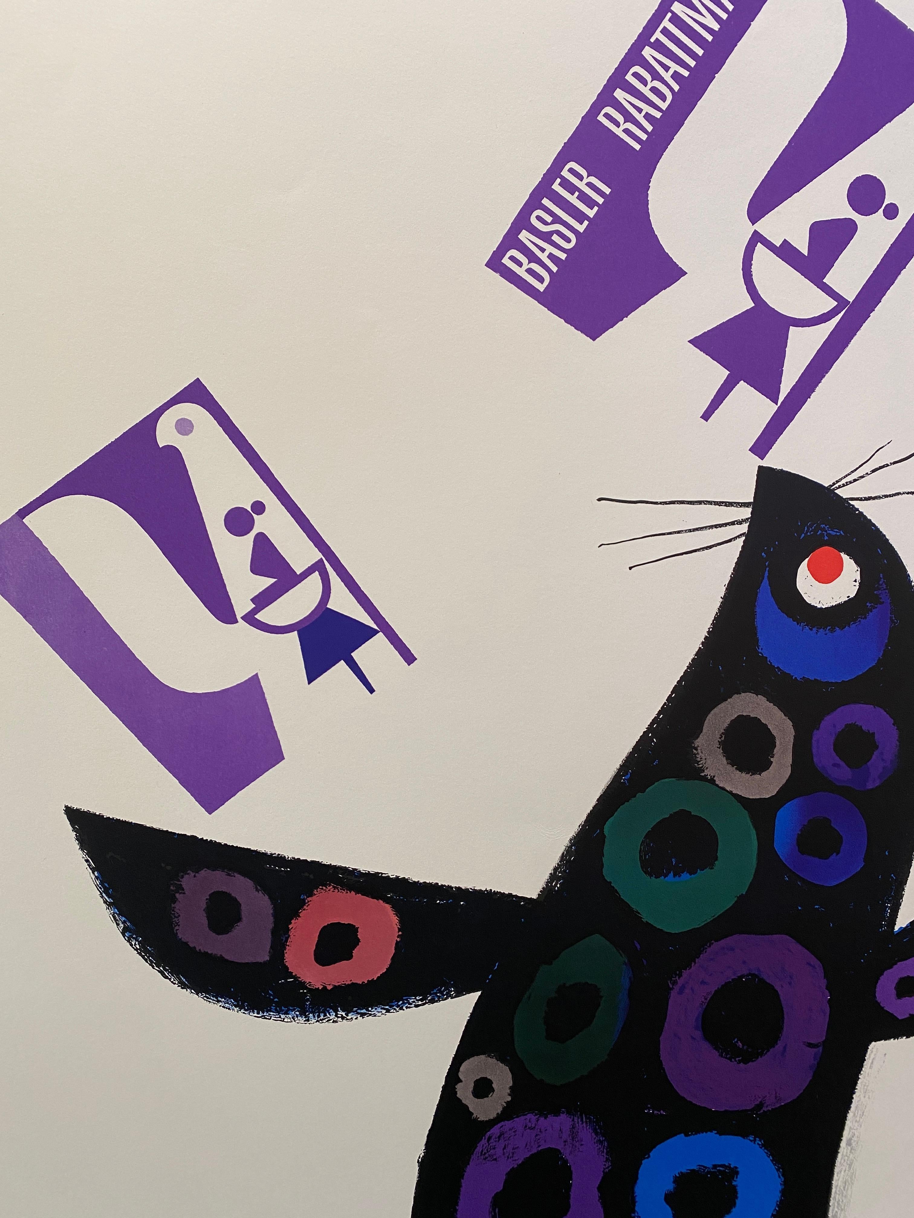 Metà XX secolo Poster pubblicitario svizzero originale della metà del secolo Piatti BASLER RABATTMARKE in vendita