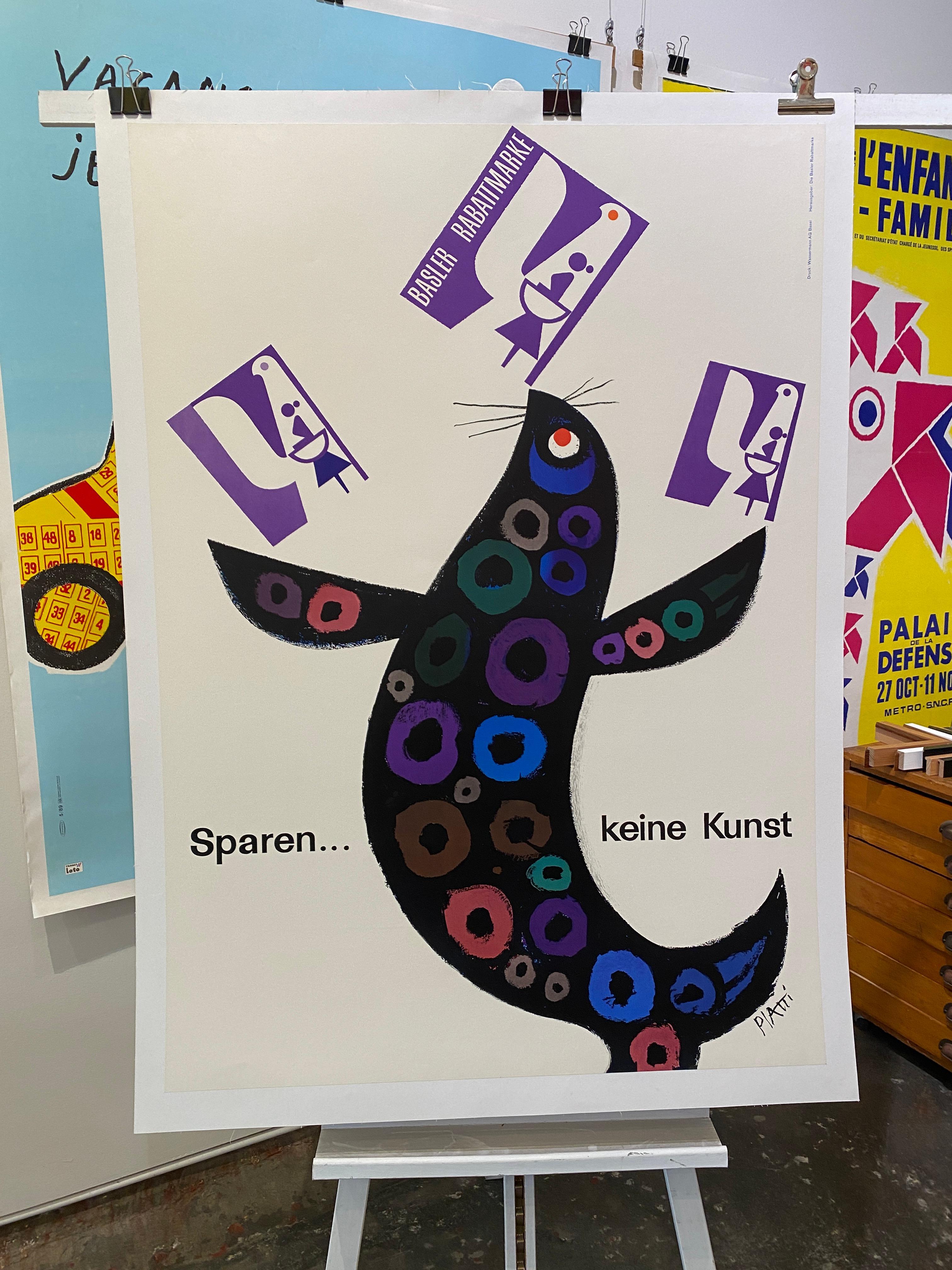 Carta Poster pubblicitario svizzero originale della metà del secolo Piatti BASLER RABATTMARKE in vendita