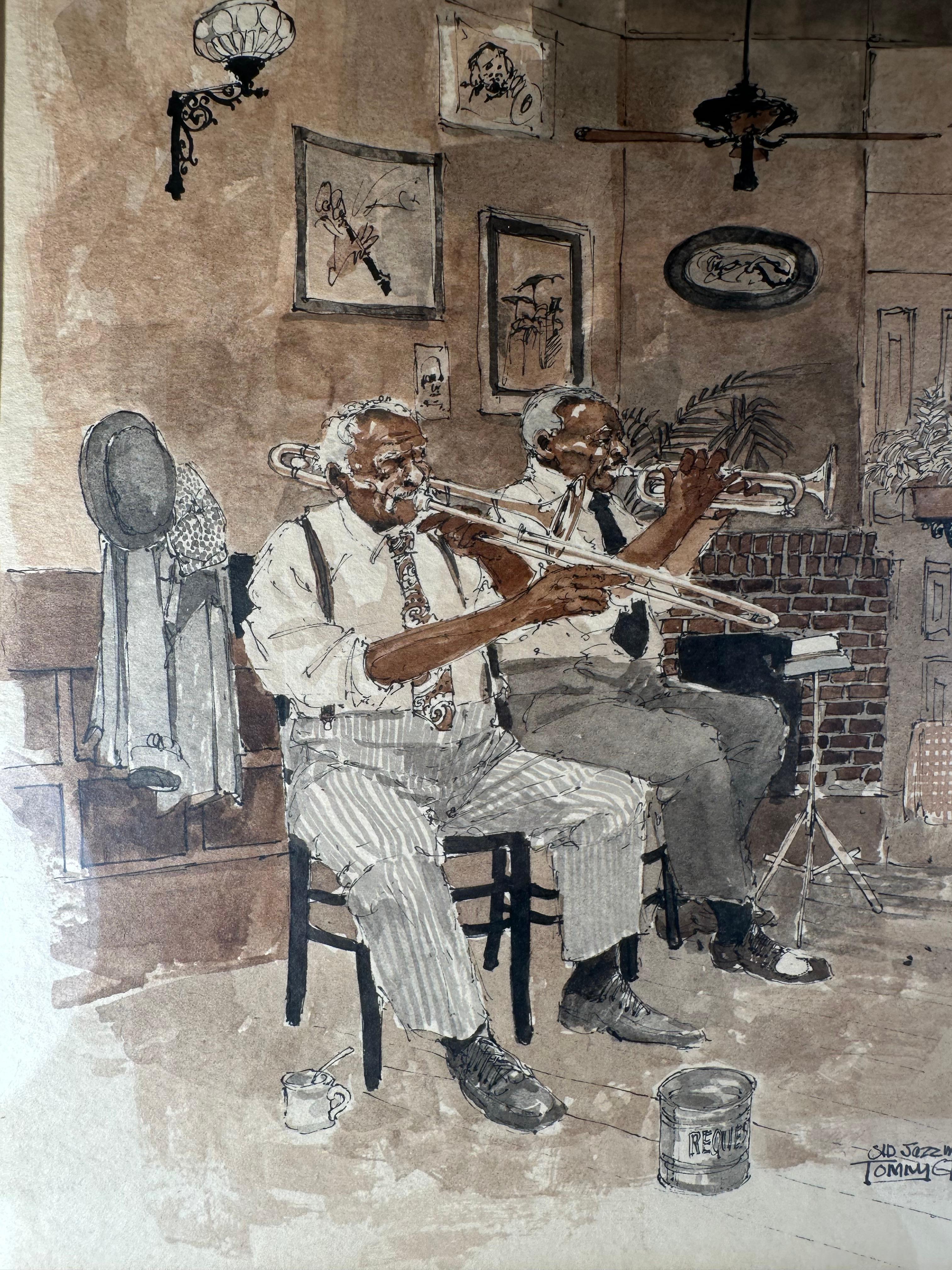 Mitte des Jahrhunderts Original-Aquarell Jazz-Musiker, signiert im Angebot 2