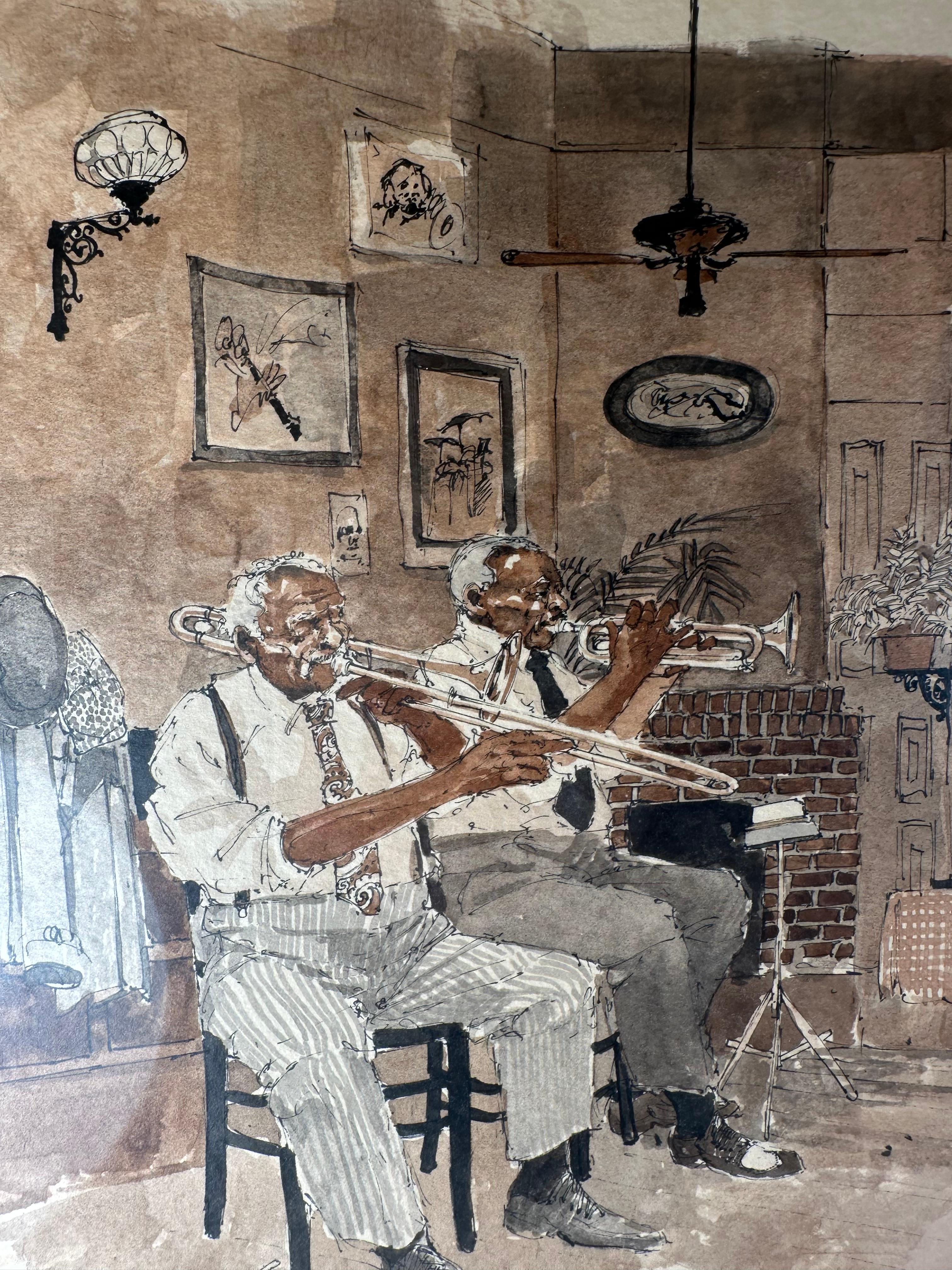 Mitte des Jahrhunderts Original-Aquarell Jazz-Musiker, signiert im Angebot 3