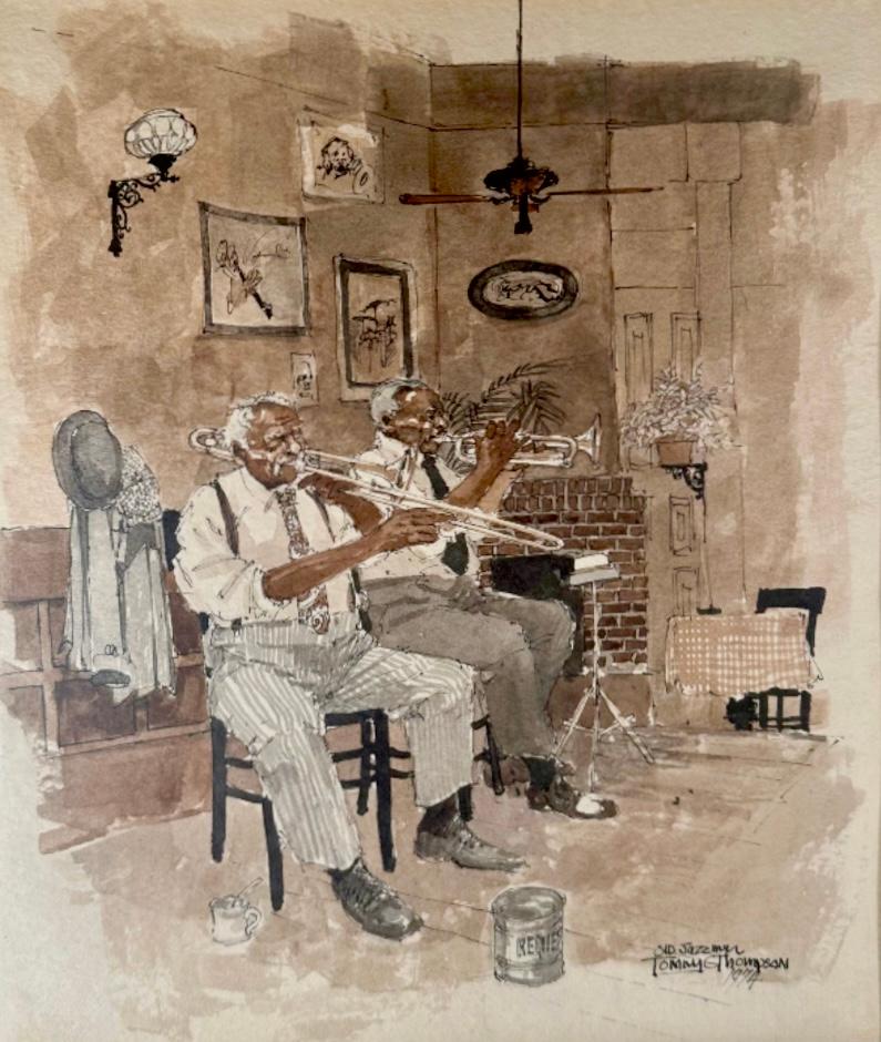 Mitte des Jahrhunderts Original-Aquarell Jazz-Musiker, signiert

Monochromes Aquarell eines Paares von Jazz- oder Bluesmusikern, die Posaune und Trompete spielen. Die Kunstwerke sind von hervorragender Qualität. Es ist rechts unten signiert und