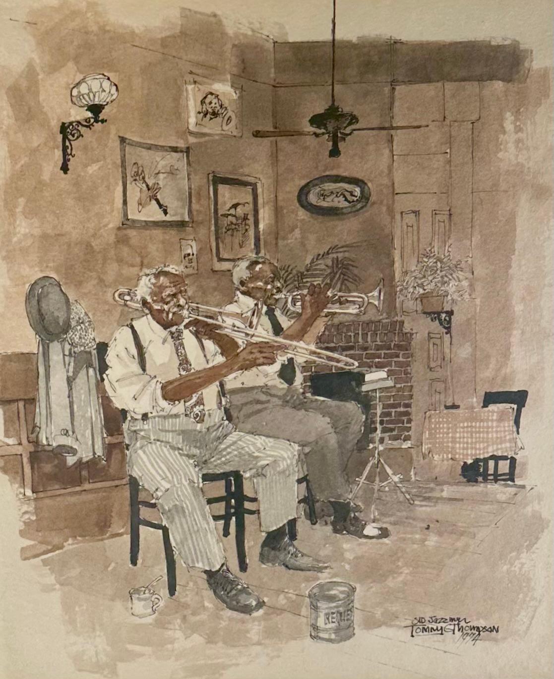 Mitte des Jahrhunderts Original-Aquarell Jazz-Musiker, signiert (amerikanisch) im Angebot