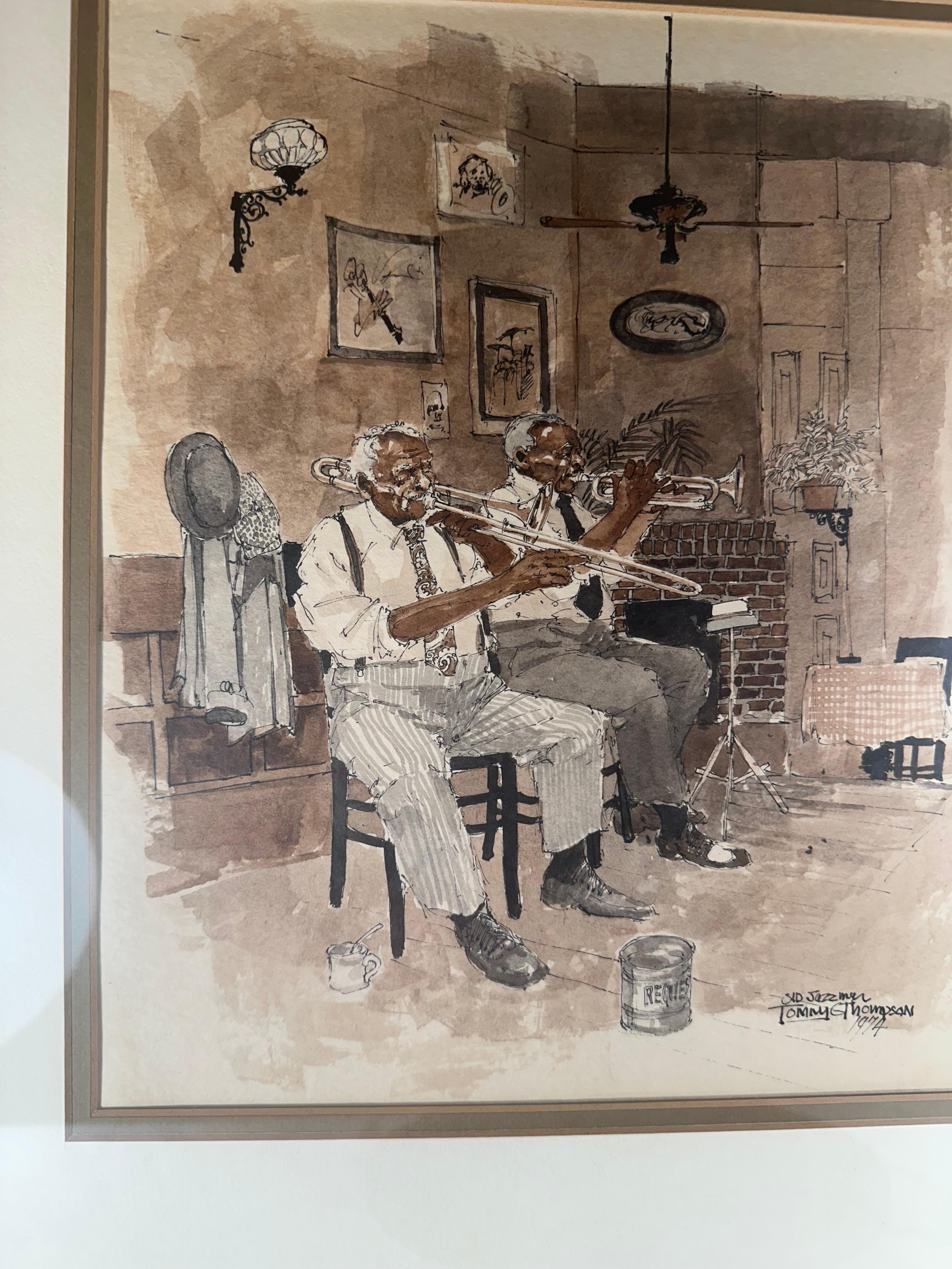 Mitte des Jahrhunderts Original-Aquarell Jazz-Musiker, signiert (Handbemalt) im Angebot