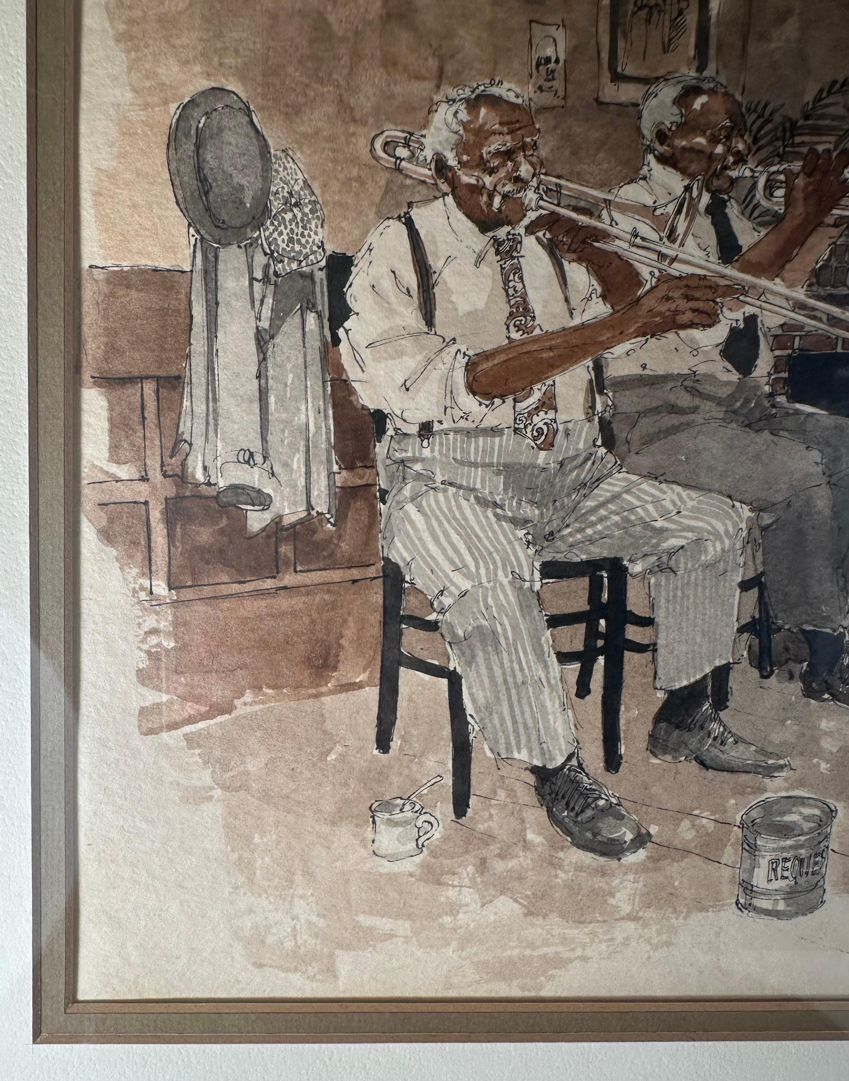 Mitte des Jahrhunderts Original-Aquarell Jazz-Musiker, signiert im Zustand „Gut“ im Angebot in Vero Beach, FL