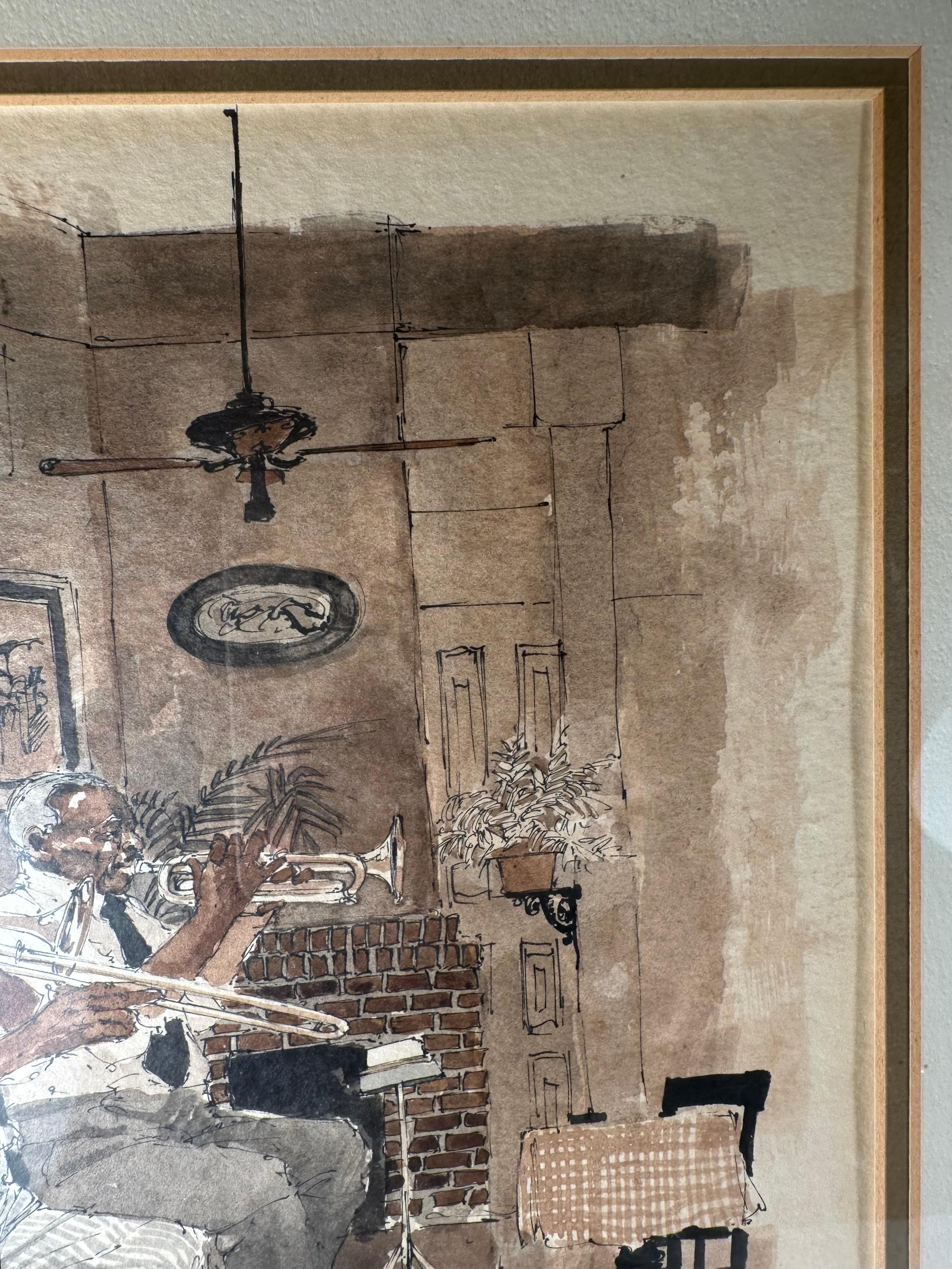 Mitte des Jahrhunderts Original-Aquarell Jazz-Musiker, signiert (Ende des 20. Jahrhunderts) im Angebot