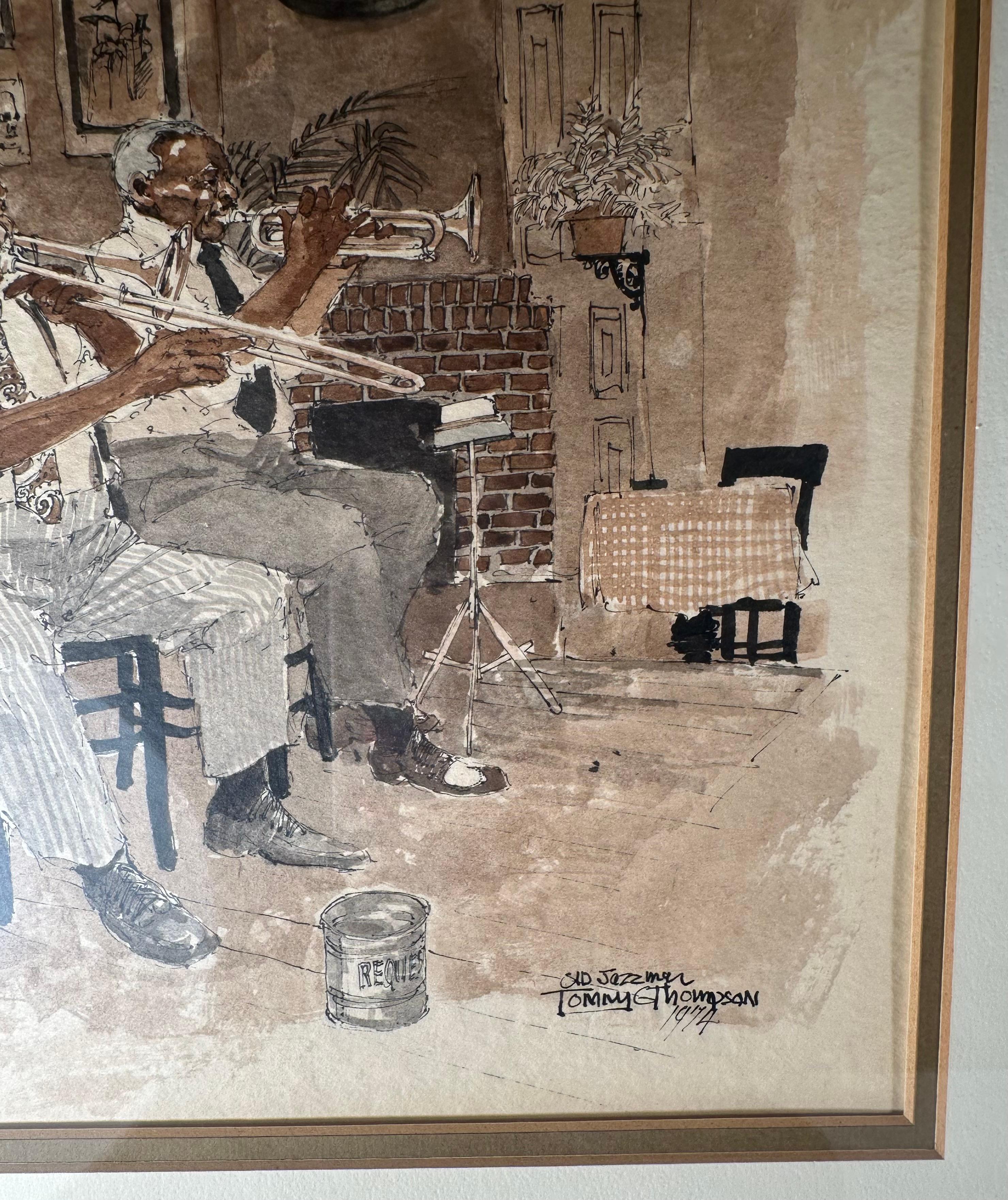 Mitte des Jahrhunderts Original-Aquarell Jazz-Musiker, signiert (Glas) im Angebot